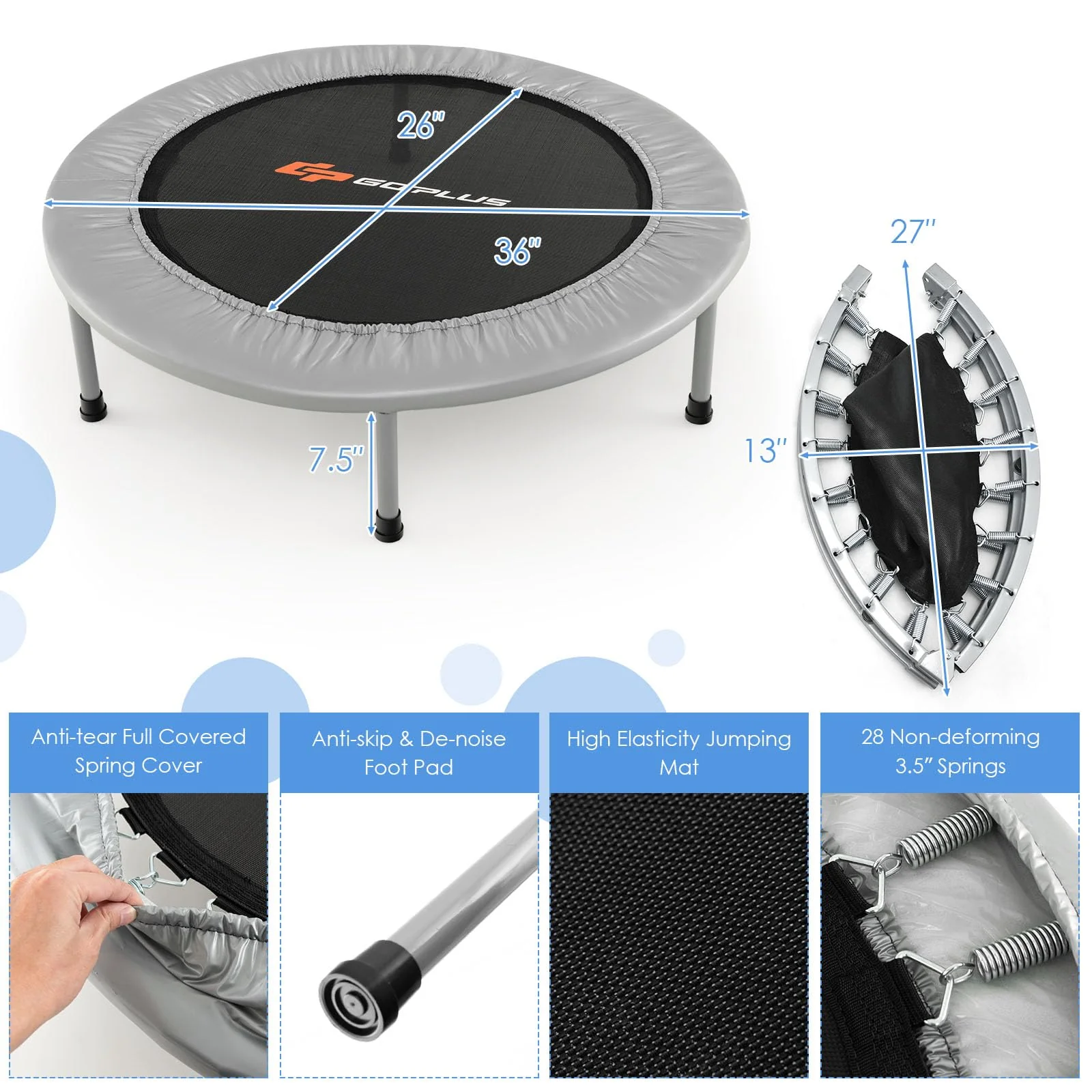 Goplus Mini Folding Trampoline, 36inch Foldable Fitness Rebounder for Adults - Image 7
