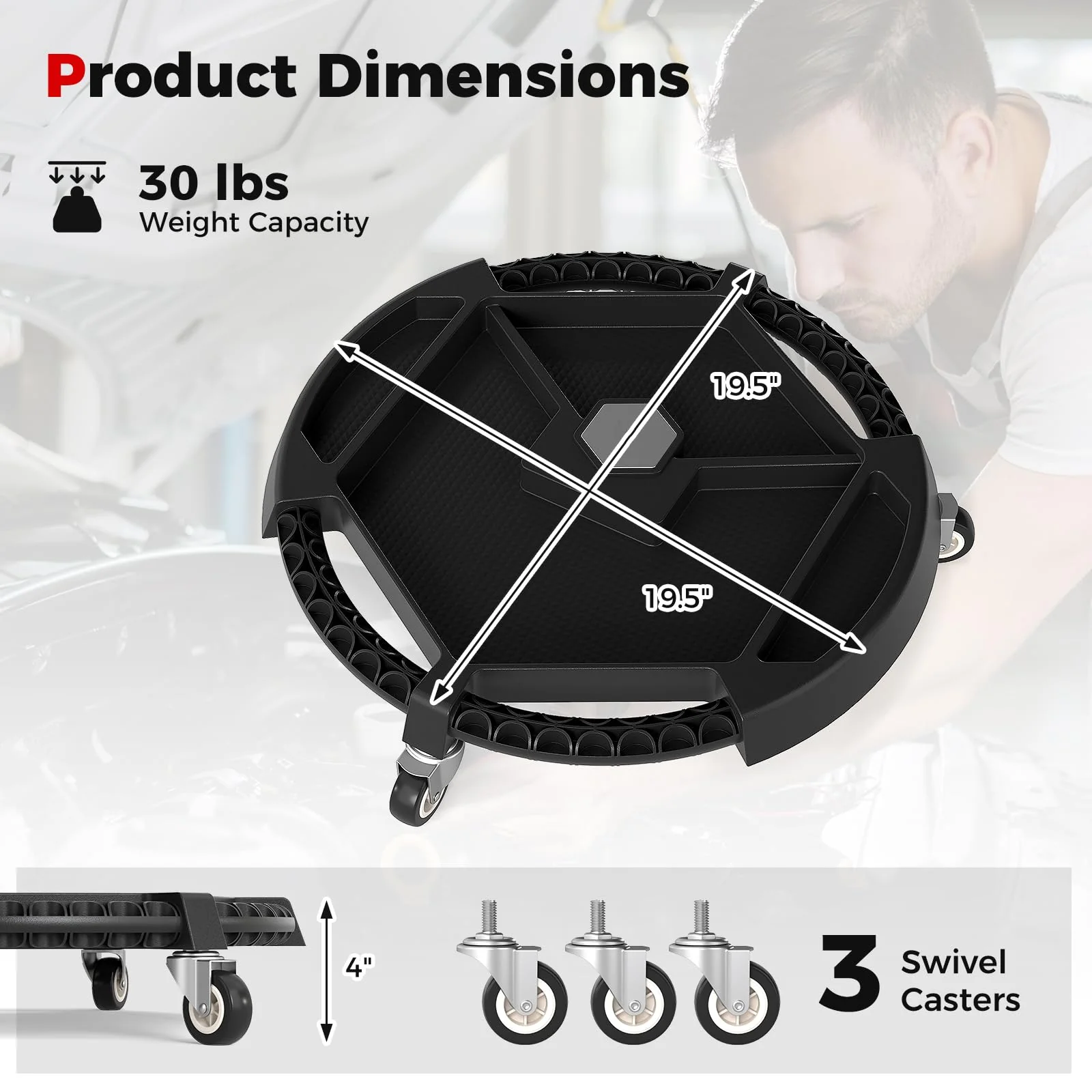 Goplus Mobile Automotive Tool Creeper with 3 Swivel Casters & 4 Compartments (19.5" x 19.5" x 4") - Image 6