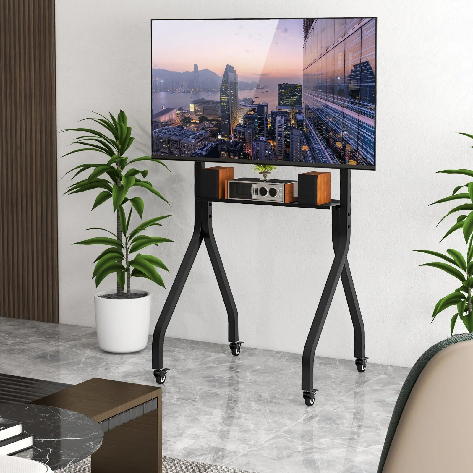 Goplus Mobile TV Stand, Rolling TV Cart for 43โ-100โ Flat/Curved Screens up to 110 lbs, Max VESA 600 X 400 mm, Black - Image 2