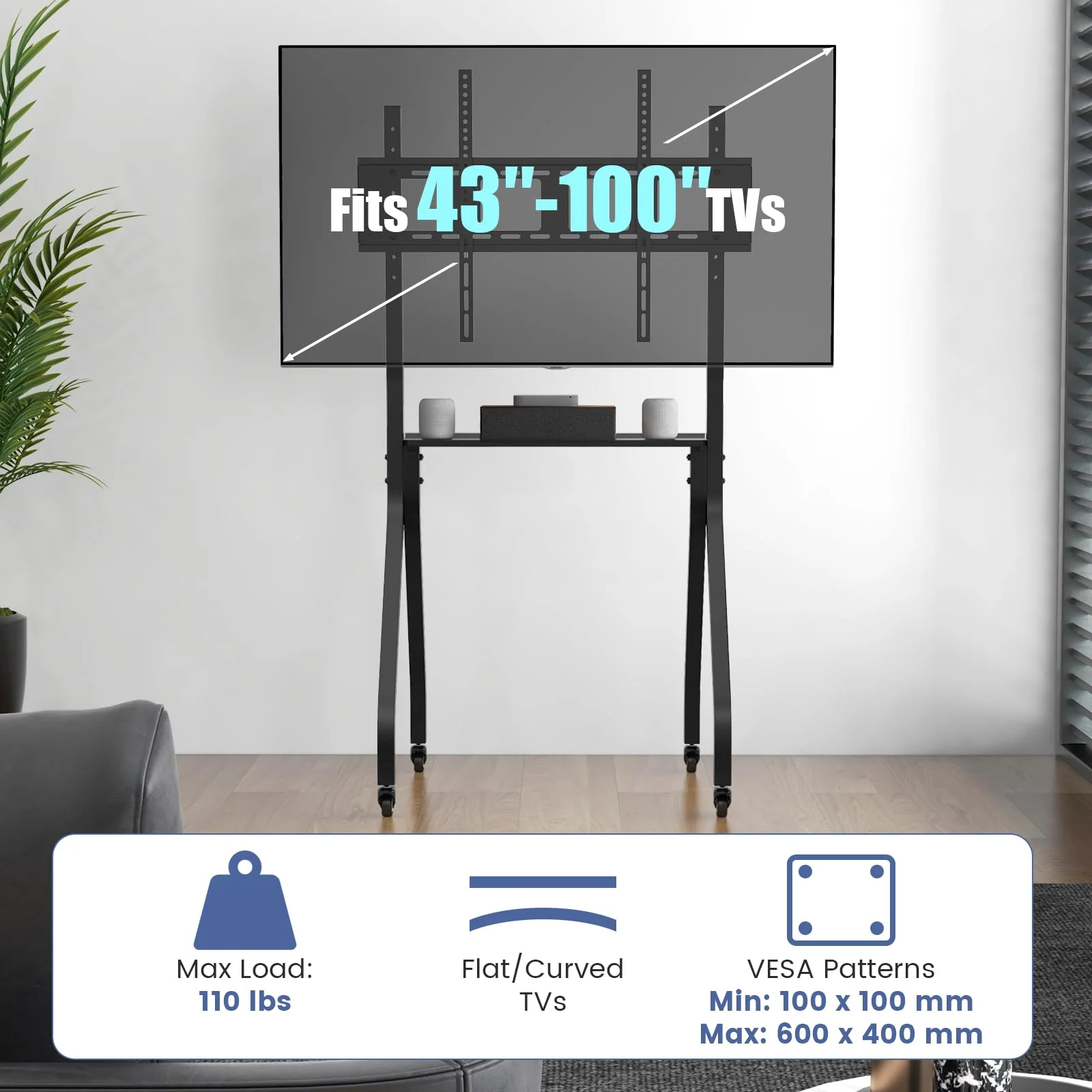 Goplus Mobile TV Stand, Rolling TV Cart for 43โ-100โ Flat/Curved Screens up to 110 lbs, Max VESA 600 X 400 mm, Black - Image 3
