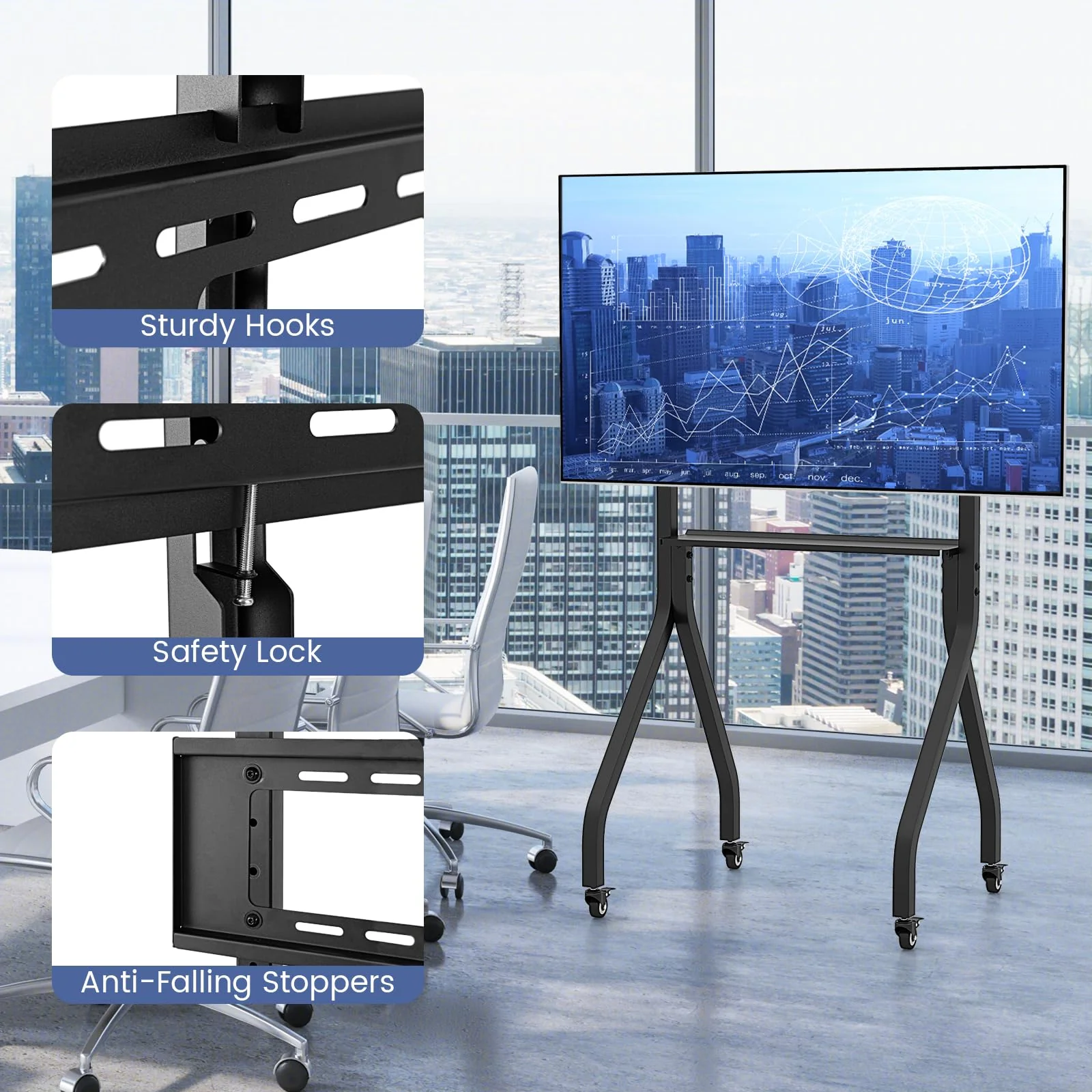 Goplus Mobile TV Stand, Rolling TV Cart for 43โ-100โ Flat/Curved Screens up to 110 lbs, Max VESA 600 X 400 mm, Black - Image 6