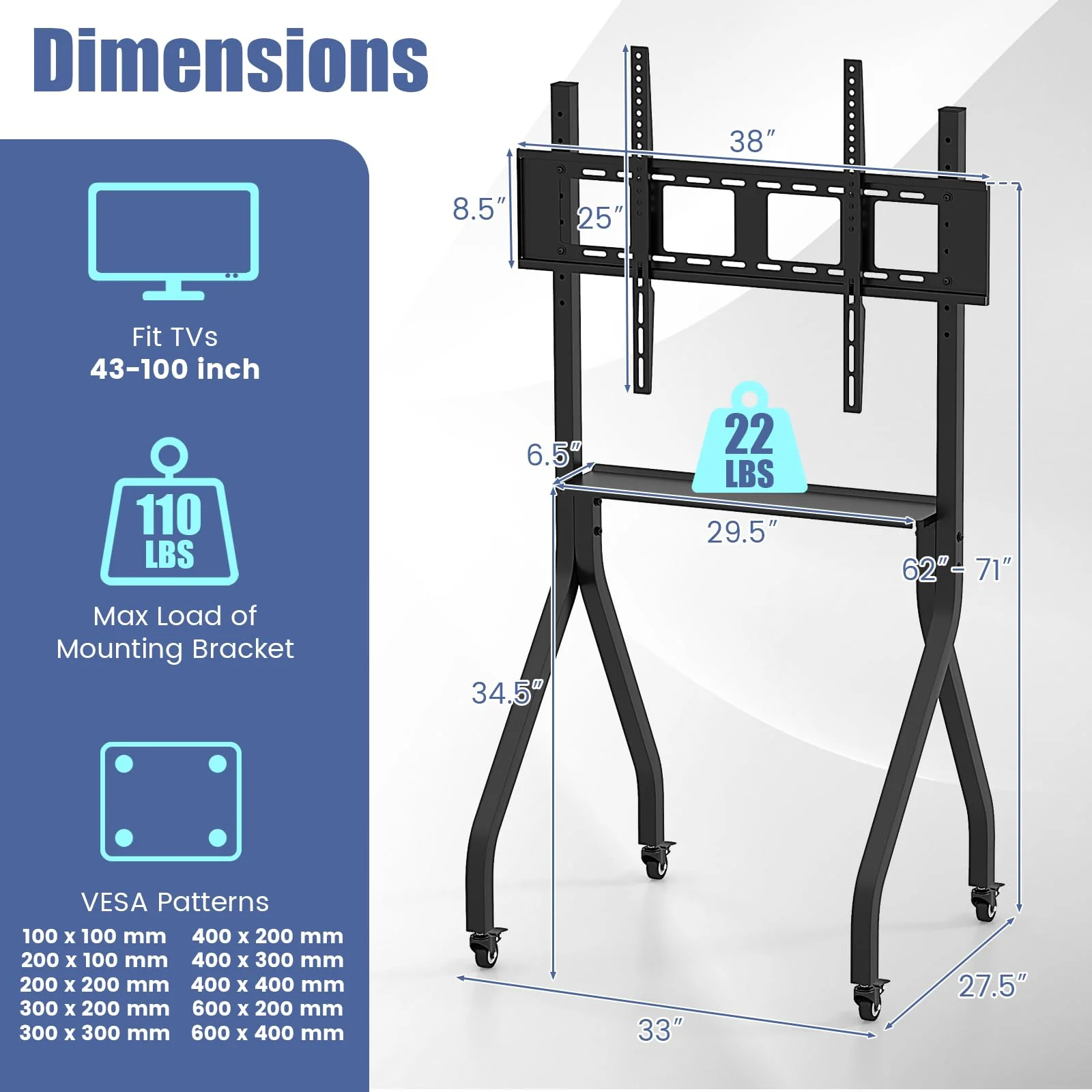 Goplus Mobile TV Stand, Rolling TV Cart for 43โ-100โ Flat/Curved Screens up to 110 lbs, Max VESA 600 X 400 mm, Black - Image 7