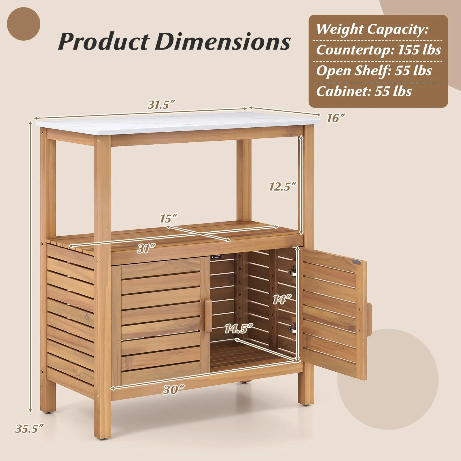 Goplus Outdoor Acacia Wood Buffet Cabinet with Marble-Like Countertop ( 31.5” x 16” x 35.5” ) - Image 3