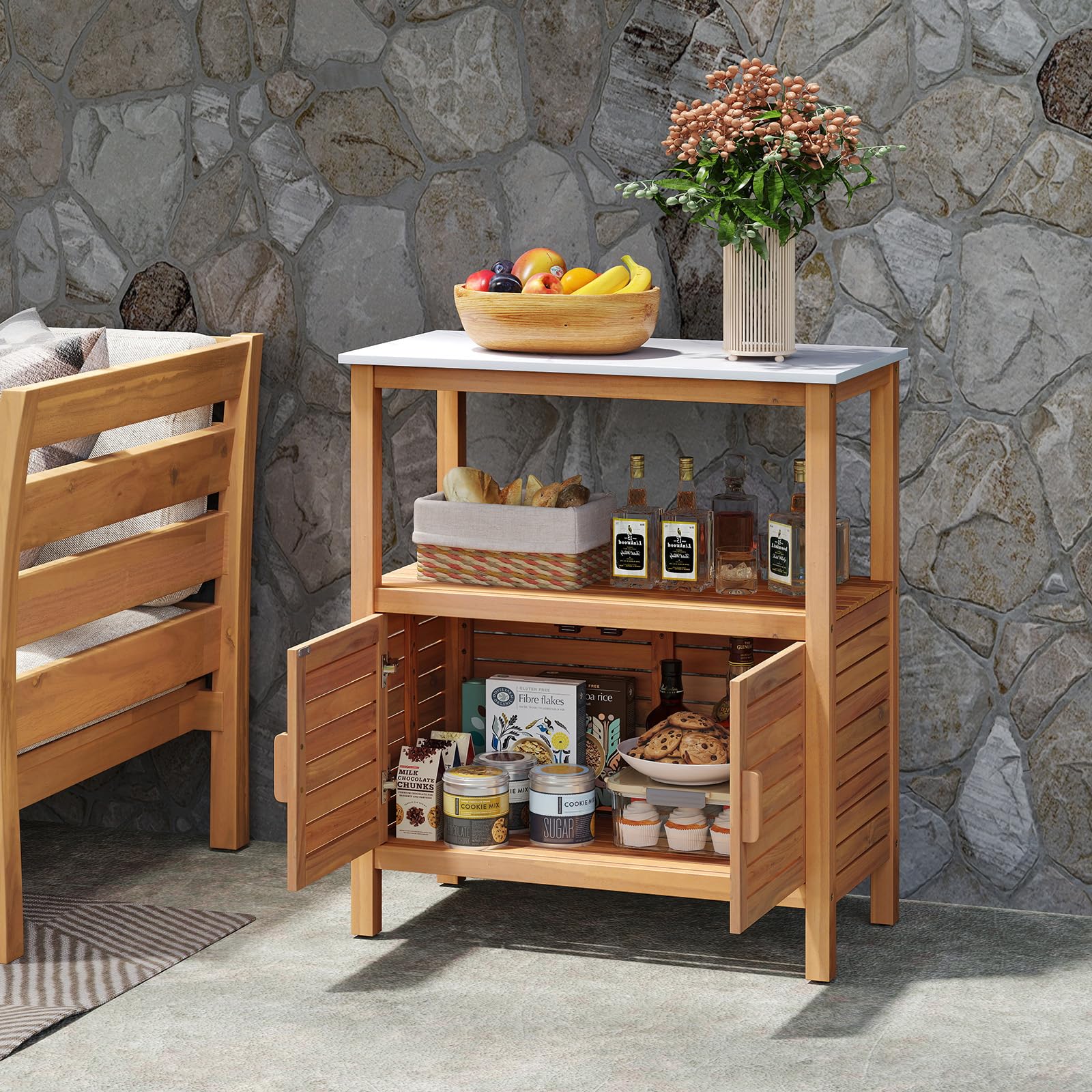 Goplus Outdoor Acacia Wood Buffet Cabinet with Marble-Like Countertop ( 31.5” x 16” x 35.5” ) - Image 4