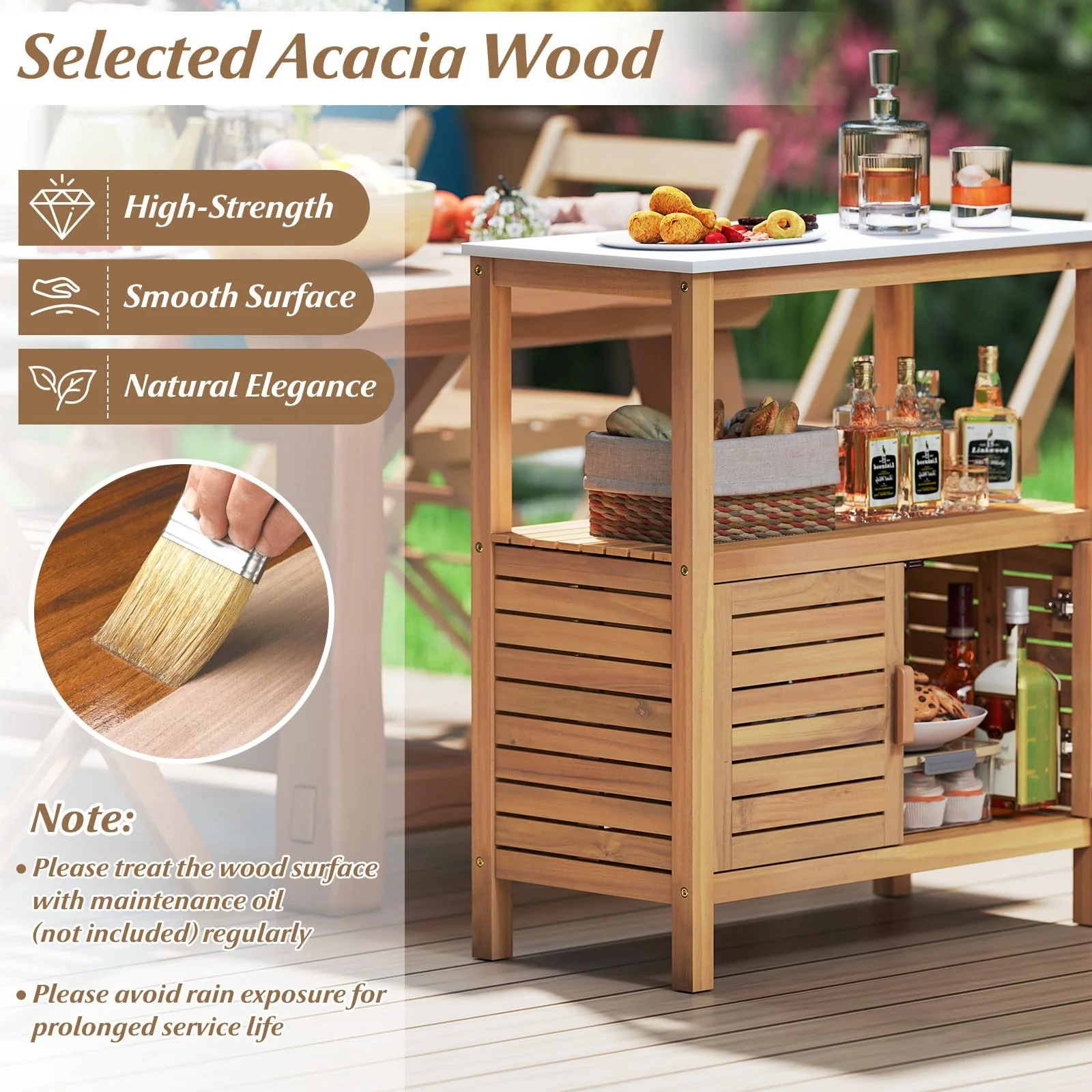 Goplus Outdoor Acacia Wood Buffet Cabinet with Marble-Like Countertop ( 31.5” x 16” x 35.5” ) - Image 5