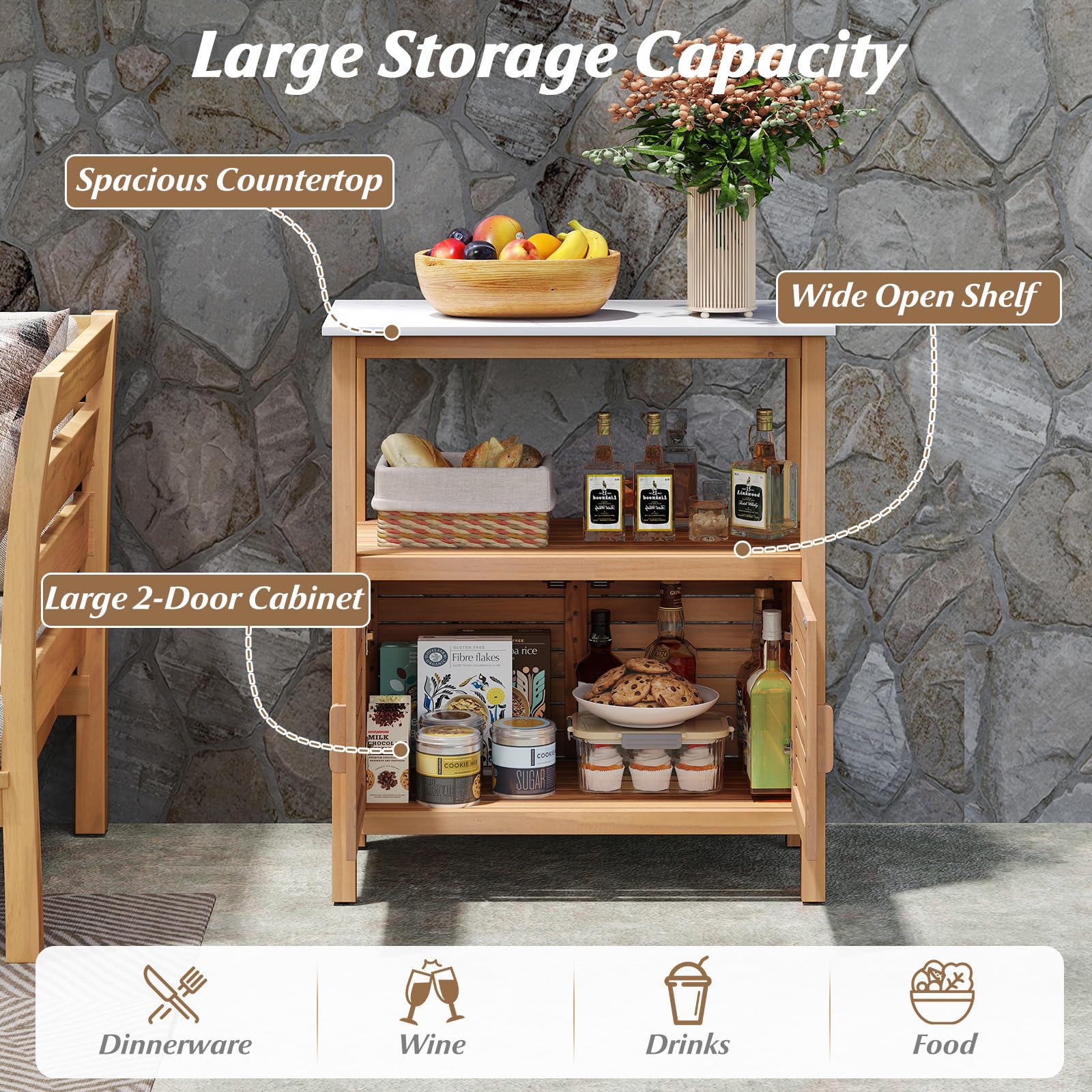Goplus Outdoor Acacia Wood Buffet Cabinet with Marble-Like Countertop ( 31.5” x 16” x 35.5” ) - Image 6