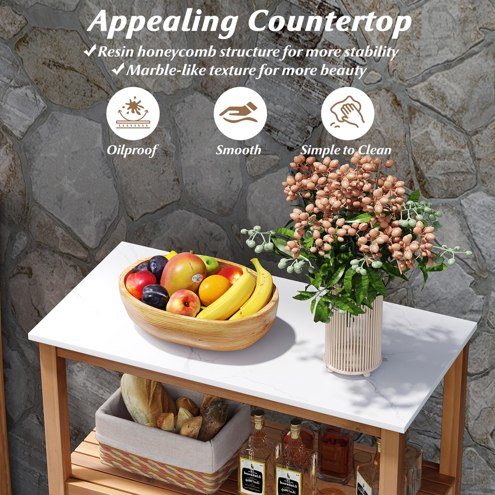 Goplus Outdoor Acacia Wood Buffet Cabinet with Marble-Like Countertop ( 31.5” x 16” x 35.5” ) - Image 7