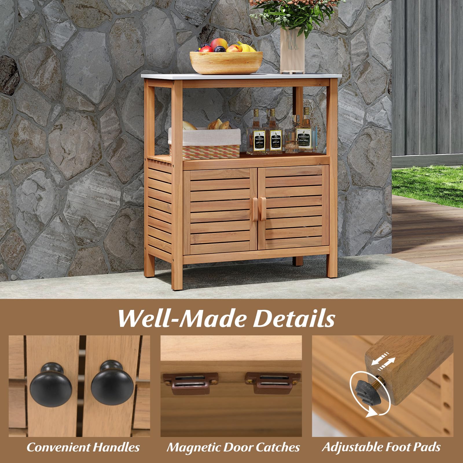 Goplus Outdoor Acacia Wood Buffet Cabinet with Marble-Like Countertop ( 31.5” x 16” x 35.5” ) - Image 8