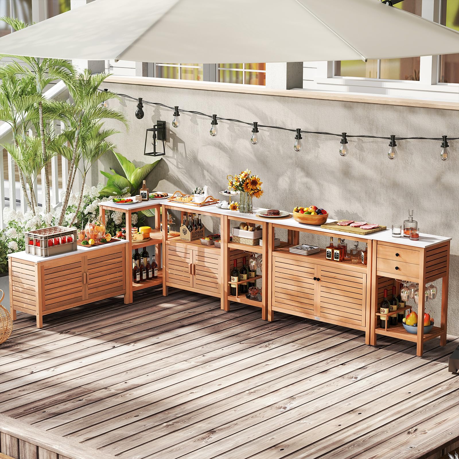 Goplus Outdoor Acacia Wood Buffet Cabinet with Marble-Like Countertop ( 31.5” x 16” x 35.5” ) - Image 9