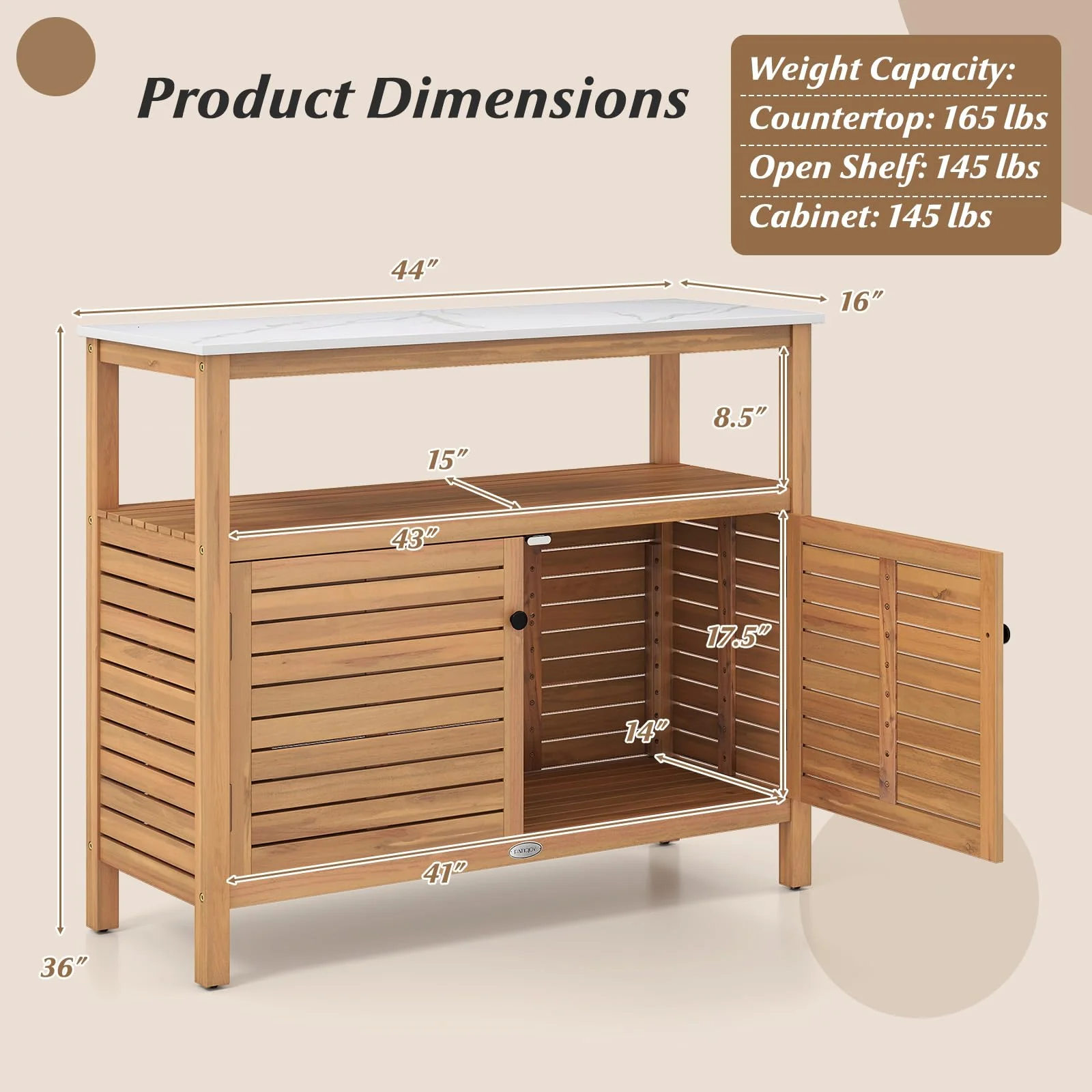 Goplus Outdoor Potting Bench with 2-Door Storage Cabinet & Faux Marble Tabletop - Image 3