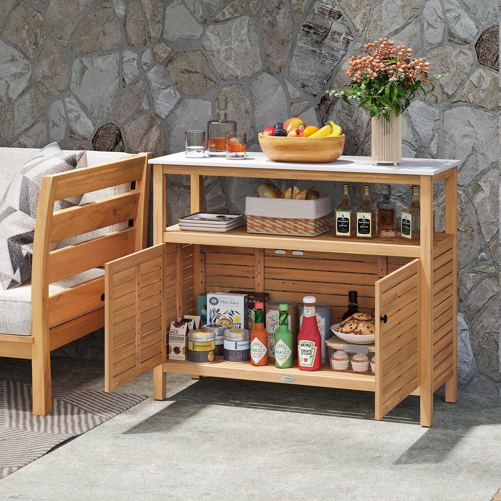 Goplus Outdoor Potting Bench with 2-Door Storage Cabinet & Faux Marble Tabletop - Image 4