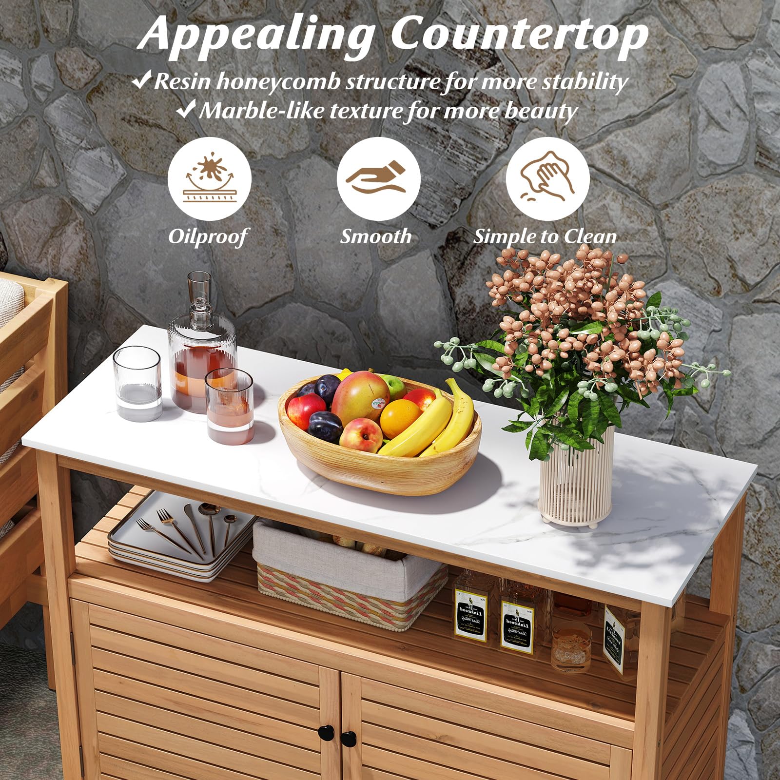 Goplus Outdoor Potting Bench with 2-Door Storage Cabinet & Faux Marble Tabletop - Image 7