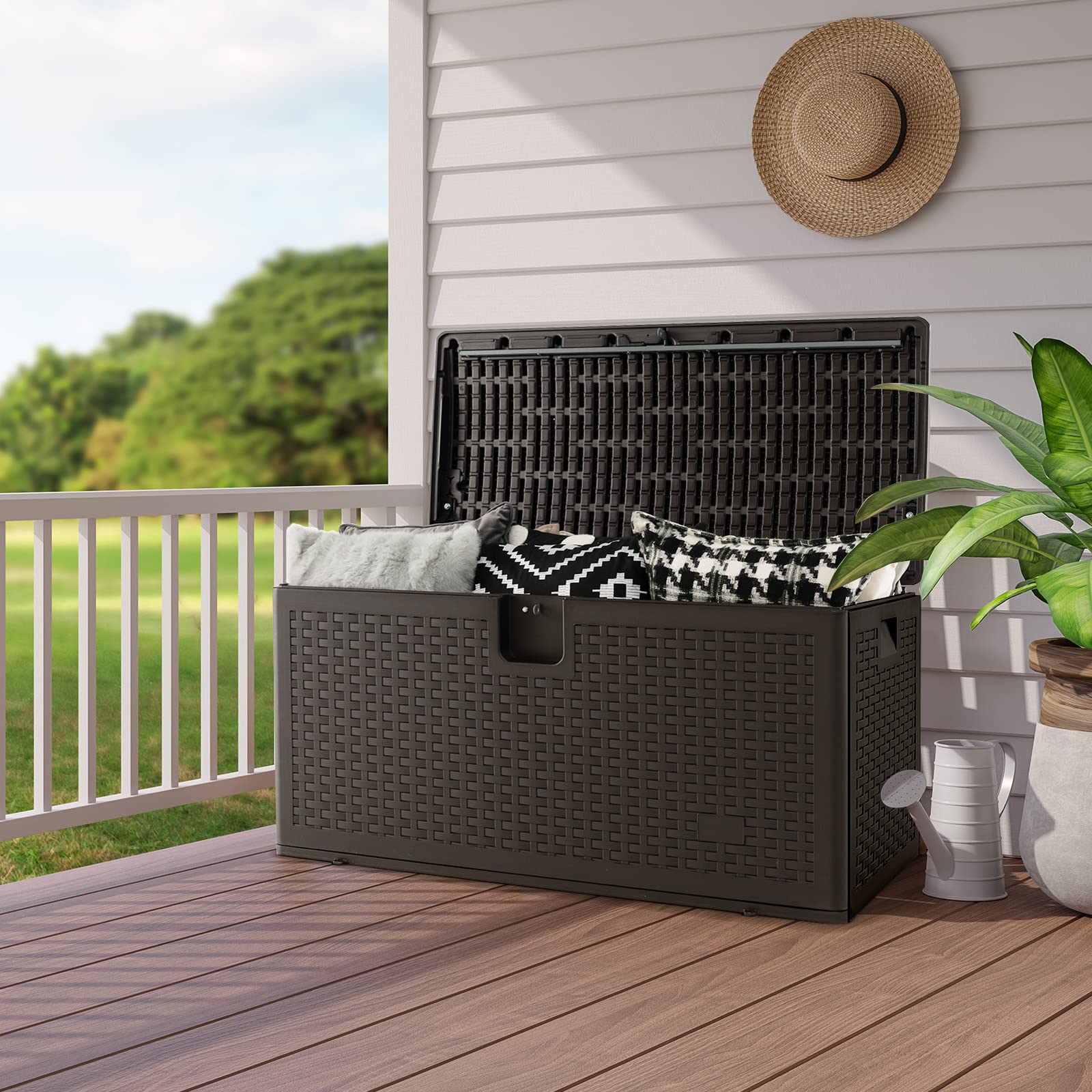 Goplus Outdoor Storage Box, 31 73 100 Gallon Waterproof Resin Patio Storage Box with Lockable Lid, Side Handle for Pillows, Cushions - Image 11