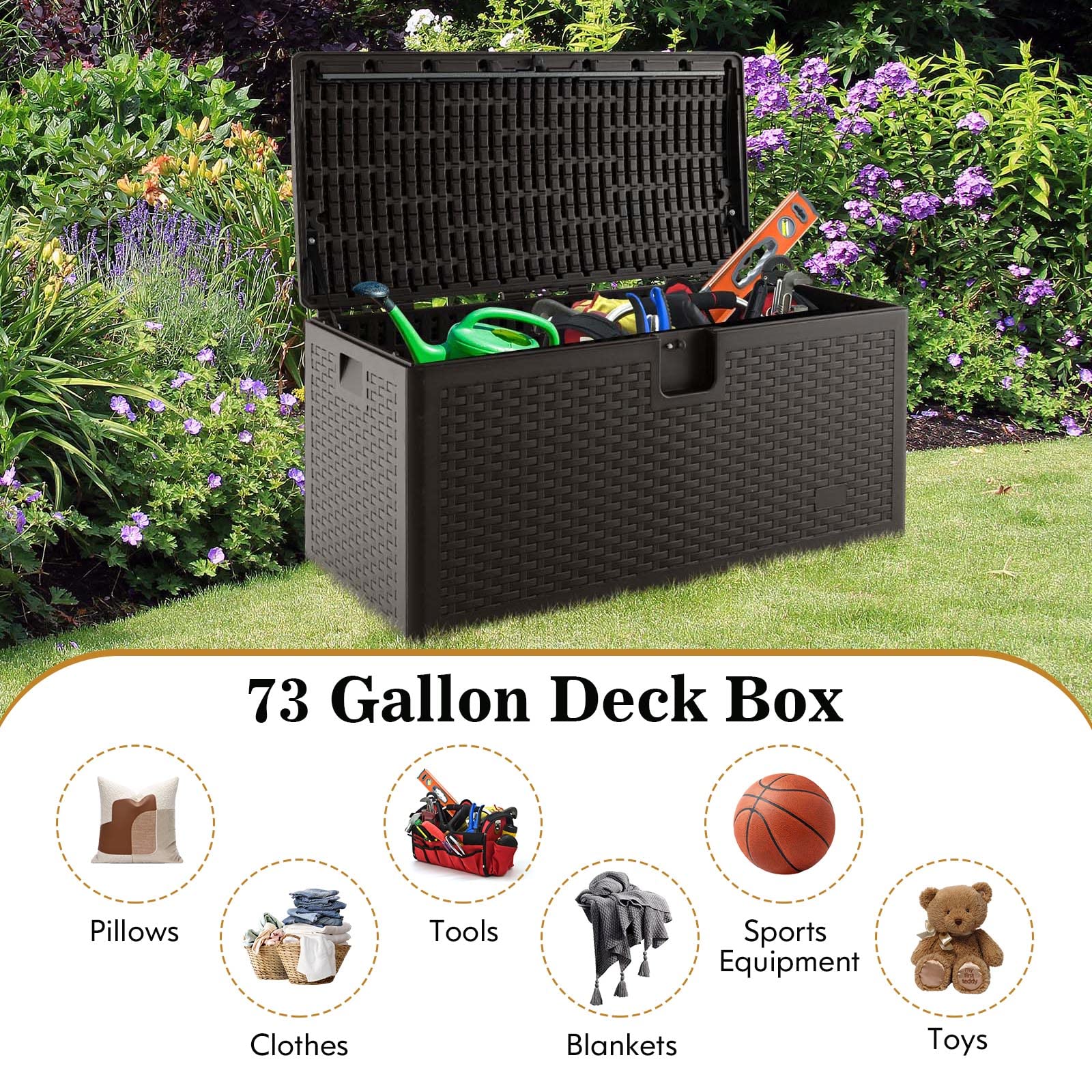 Goplus Outdoor Storage Box, 31 73 100 Gallon Waterproof Resin Patio Storage Box with Lockable Lid, Side Handle for Pillows, Cushions - Image 12