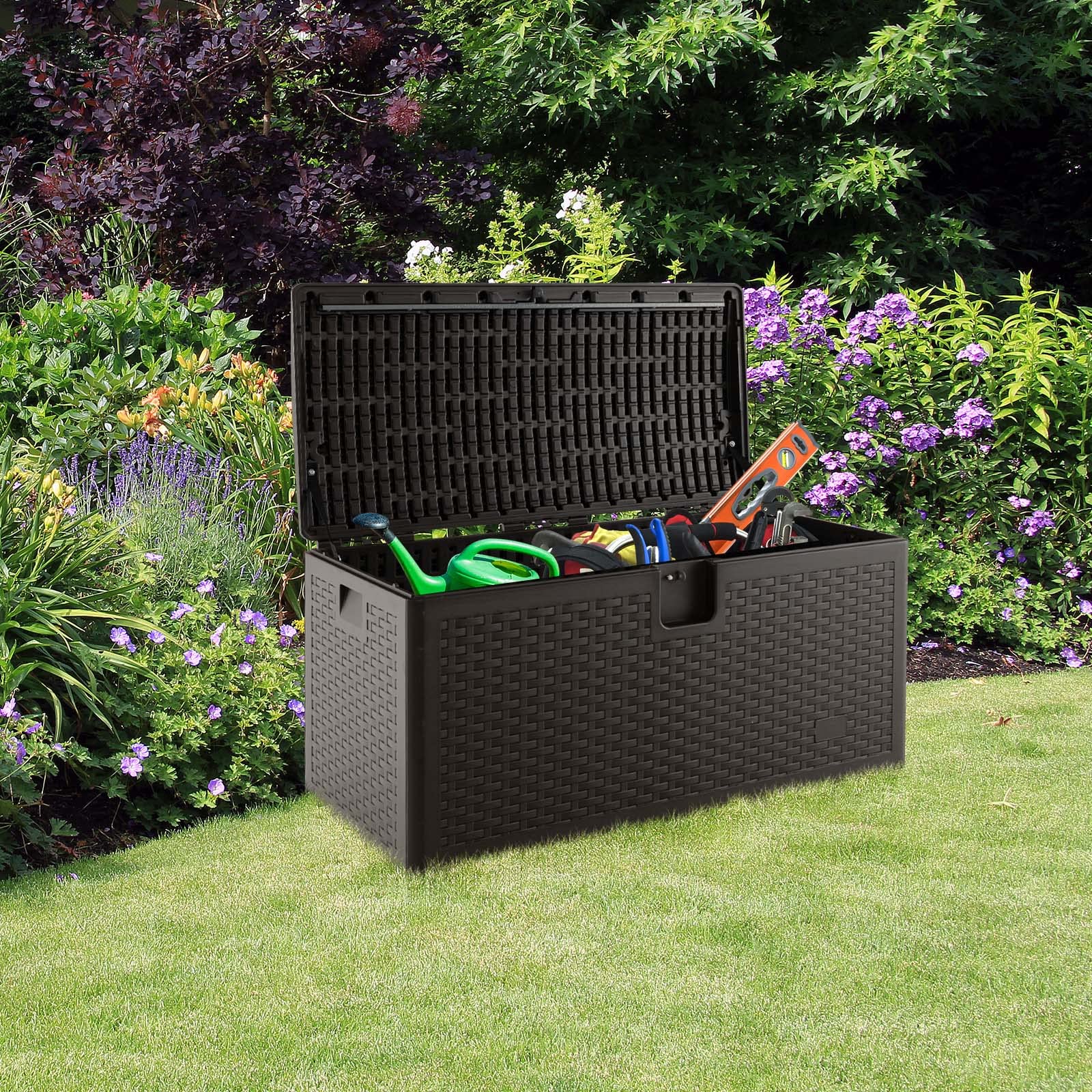 Goplus Outdoor Storage Box, 31 73 100 Gallon Waterproof Resin Patio Storage Box with Lockable Lid, Side Handle for Pillows, Cushions - Image 17