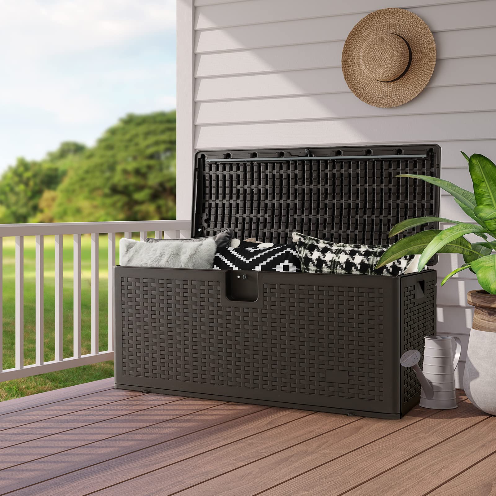 Goplus Outdoor Storage Box, 31 73 100 Gallon Waterproof Resin Patio Storage Box with Lockable Lid, Side Handle for Pillows, Cushions - Image 20