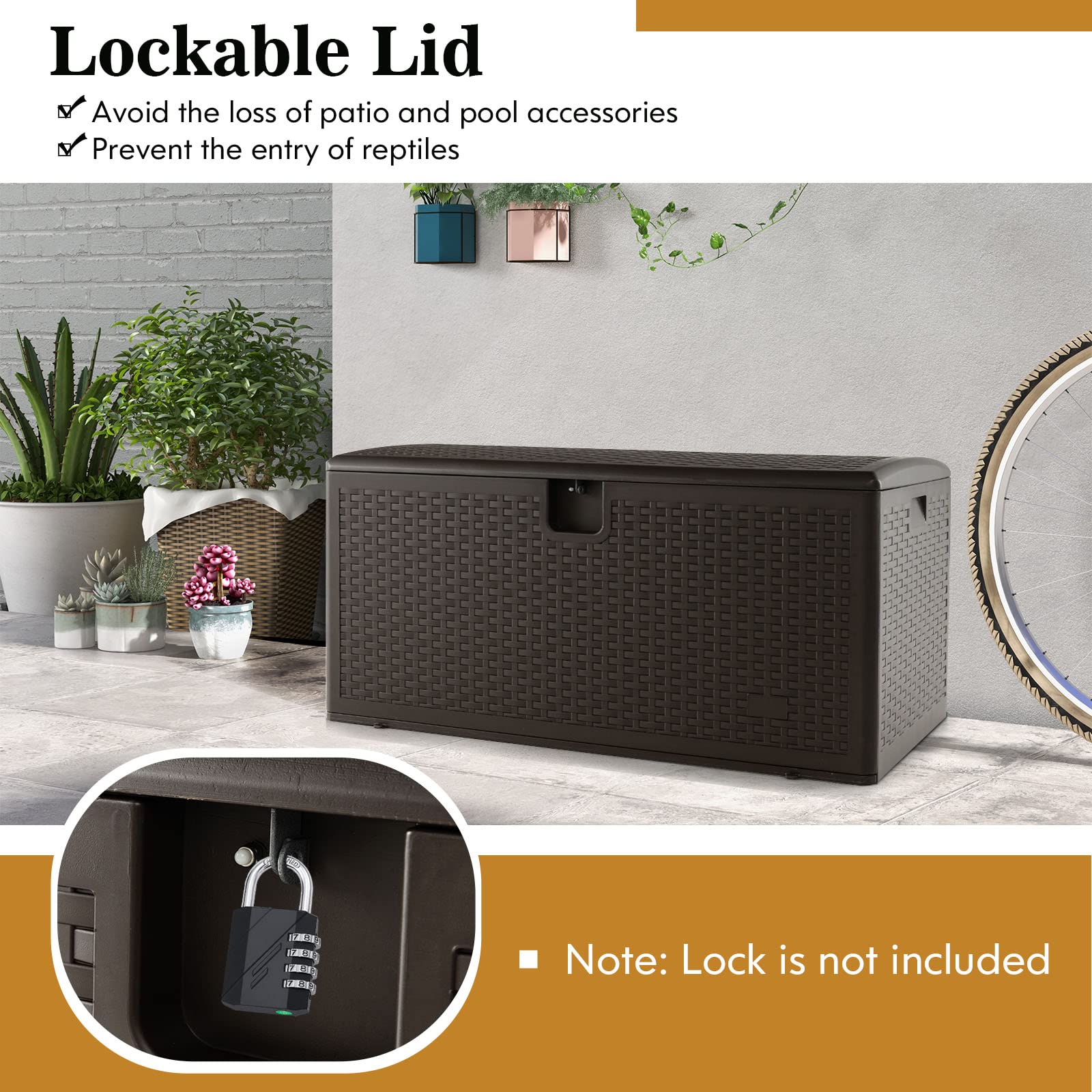 Goplus Outdoor Storage Box, 31 73 100 Gallon Waterproof Resin Patio Storage Box with Lockable Lid, Side Handle for Pillows, Cushions - Image 23