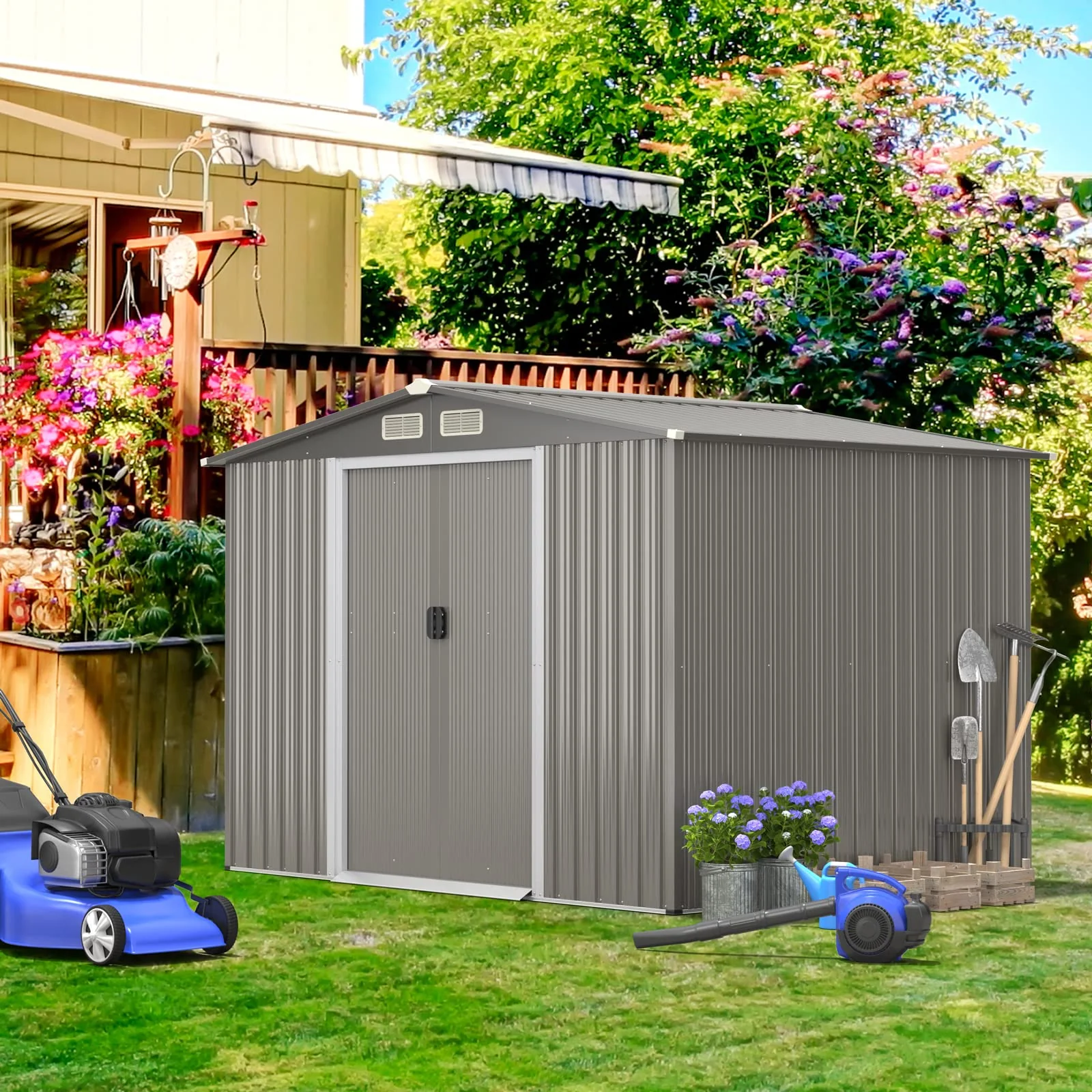 Goplus Outdoor Storage Shed, 8.5"x 6.8"x 6" Weather-Resistant Utility Tool Organizer w/Foundation - Image 7