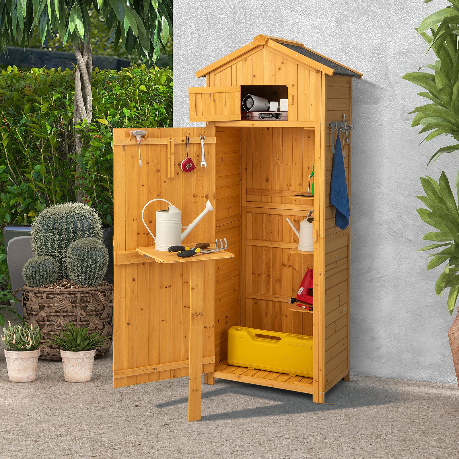 Goplus Outdoor Storage Shed, Wooden Garden Storage Cabinet with Lockable Doors - Image 3