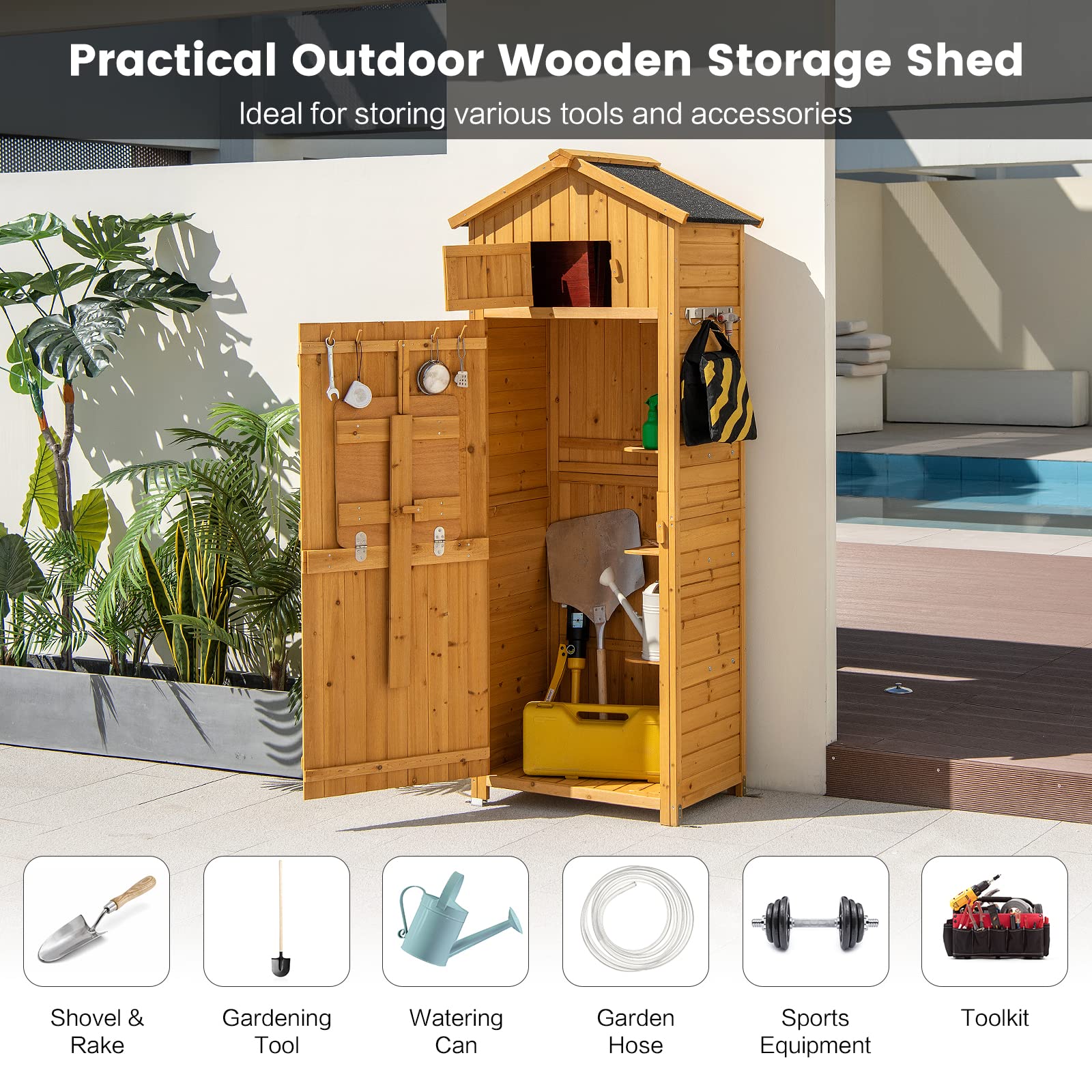 Goplus Outdoor Storage Shed, Wooden Garden Storage Cabinet with Lockable Doors - Image 8