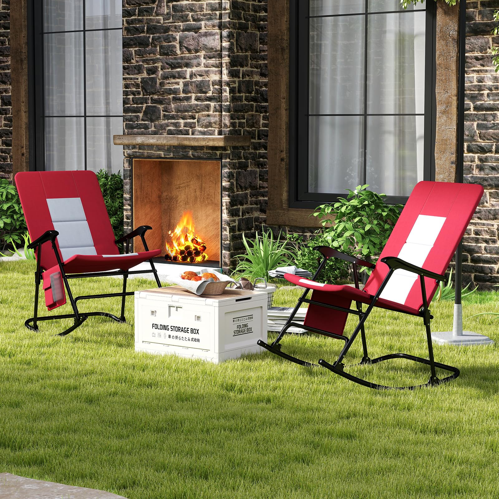 Goplus Oversized Folding Rocking Chair, Padded Patio Lounge Rocker w/Metal Frame, Armrests, Side Pocket - Image 2