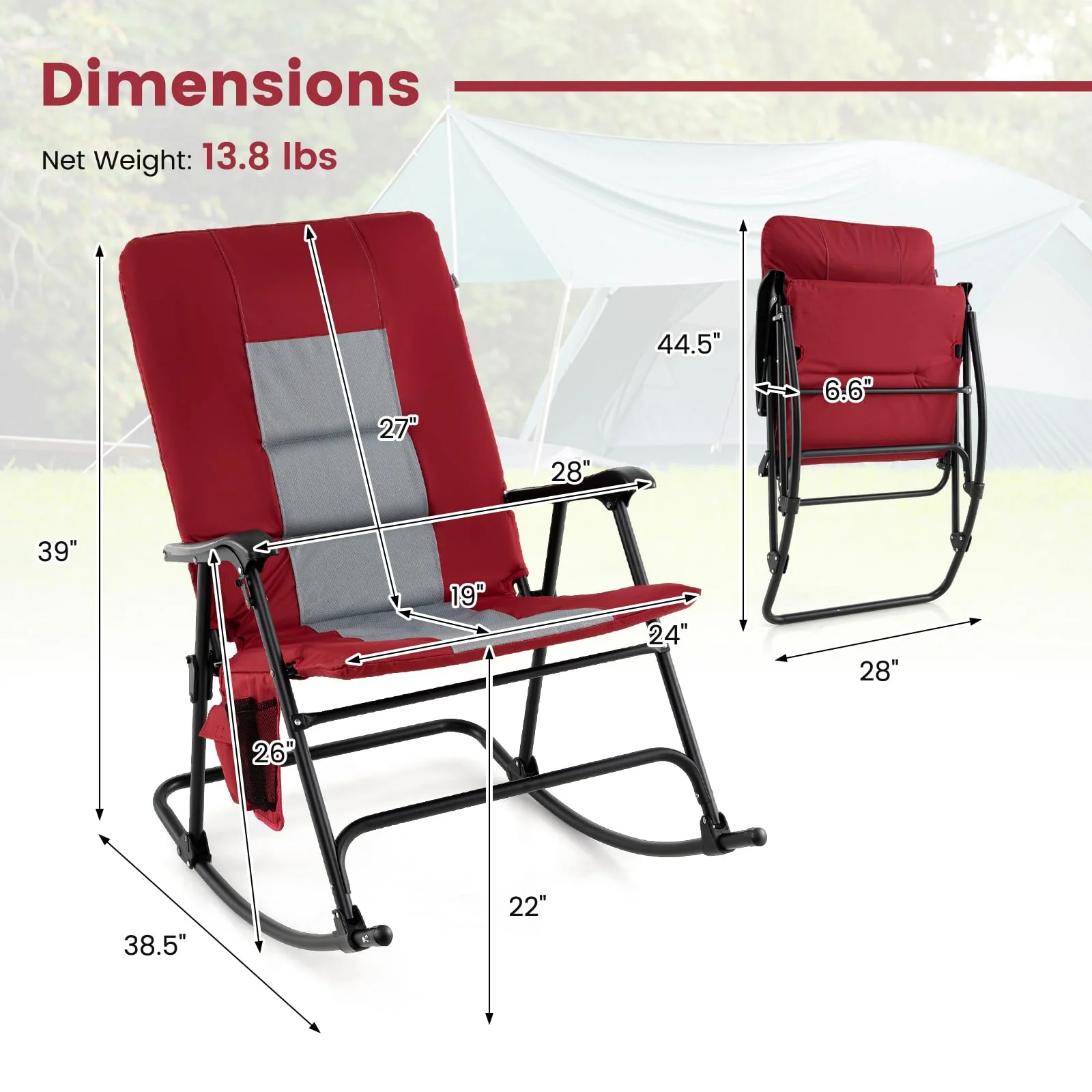 Goplus Oversized Folding Rocking Chair, Padded Patio Lounge Rocker w/Metal Frame, Armrests, Side Pocket - Image 3