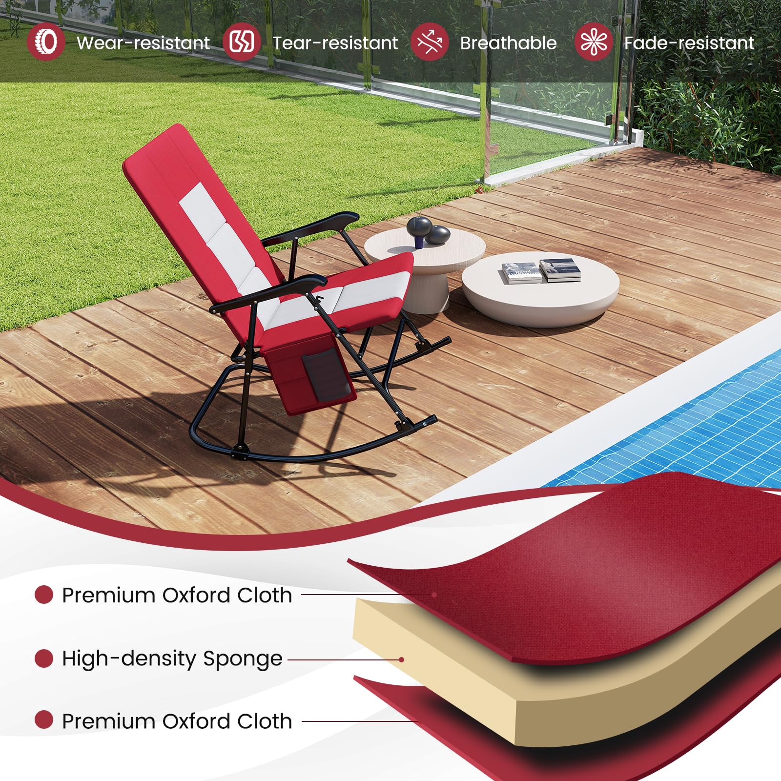 Goplus Oversized Folding Rocking Chair, Padded Patio Lounge Rocker w/Metal Frame, Armrests, Side Pocket - Image 4