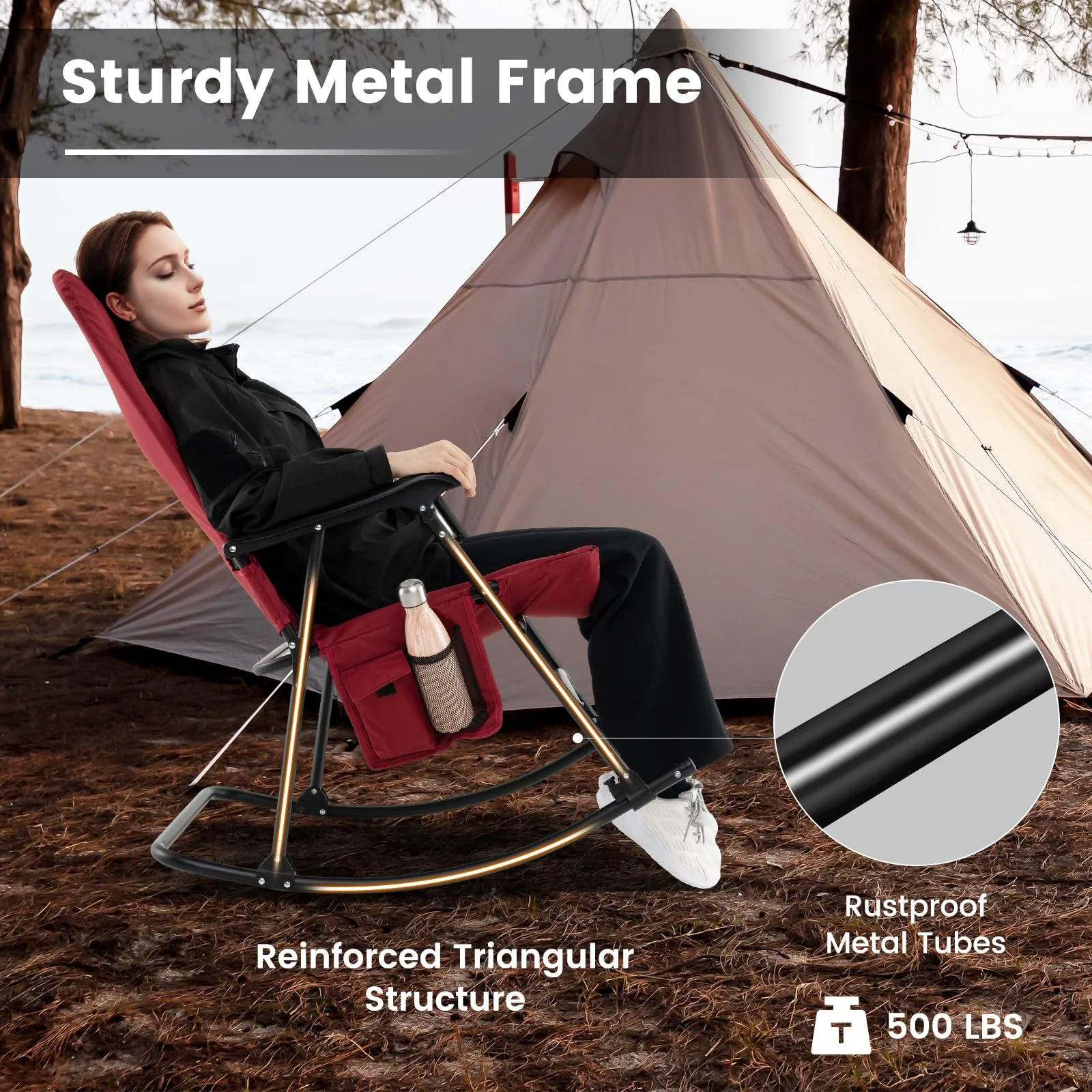 Goplus Oversized Folding Rocking Chair, Padded Patio Lounge Rocker w/Metal Frame, Armrests, Side Pocket - Image 5