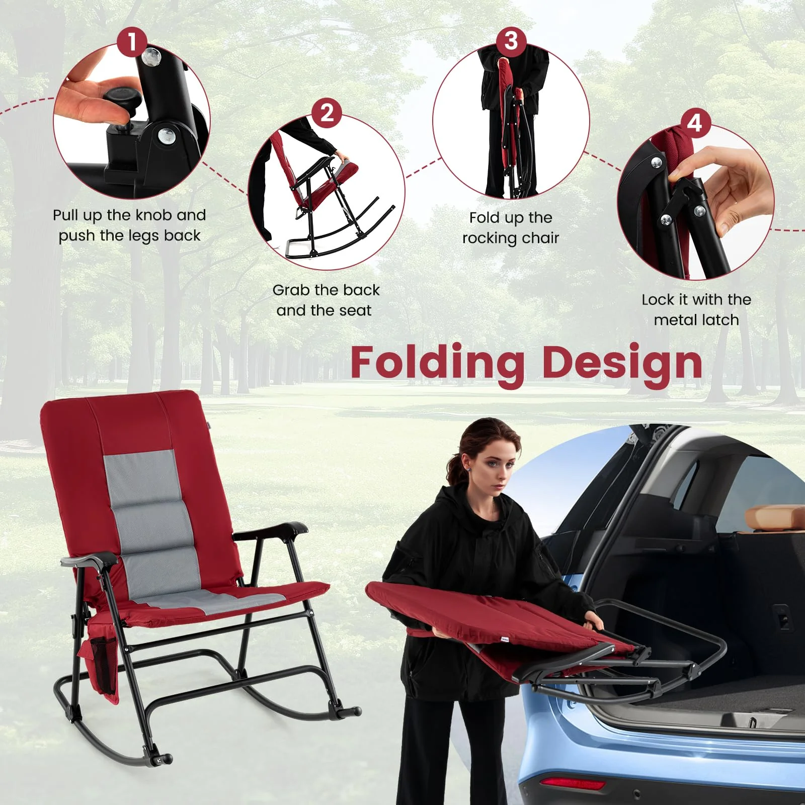 Goplus Oversized Folding Rocking Chair, Padded Patio Lounge Rocker w/Metal Frame, Armrests, Side Pocket - Image 6