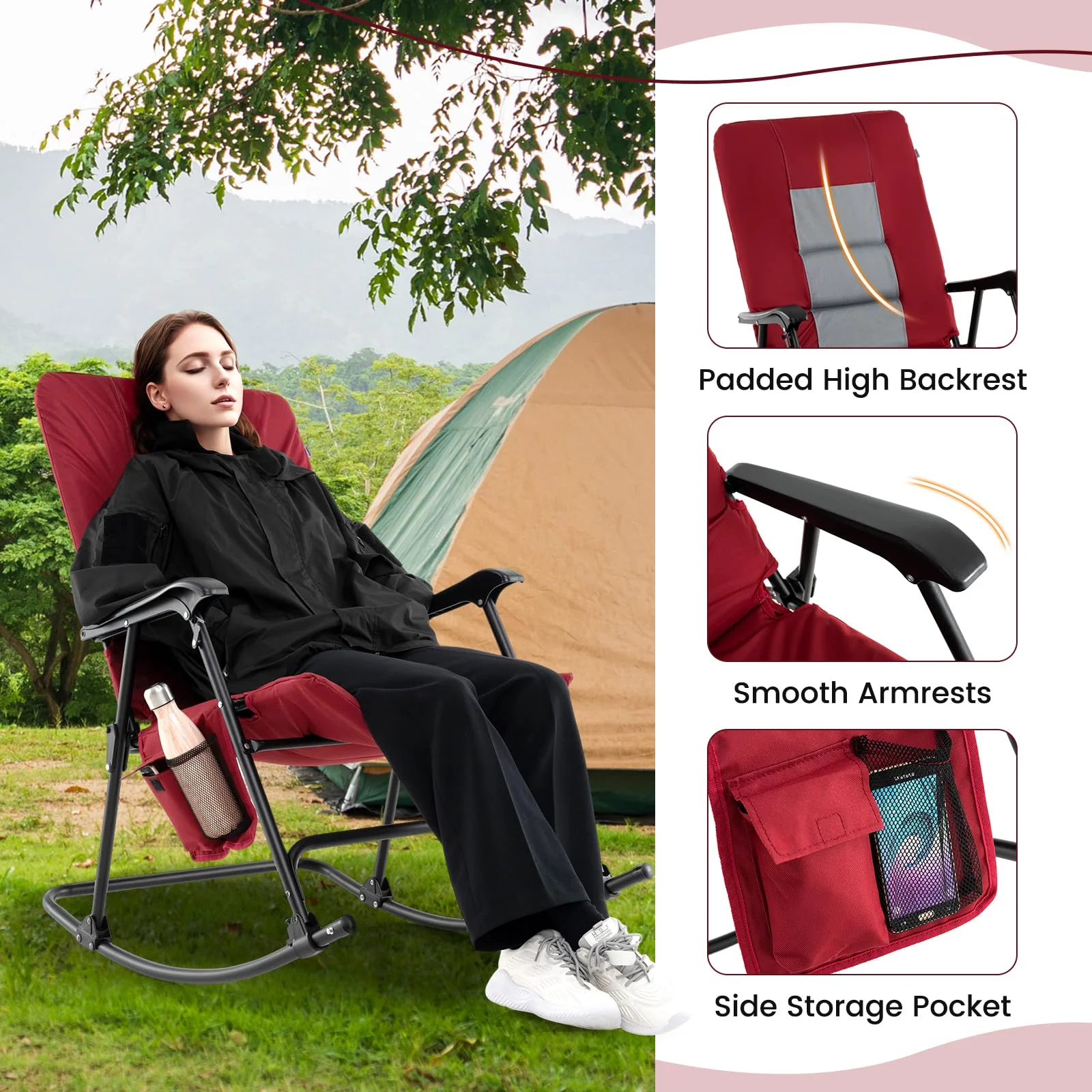 Goplus Oversized Folding Rocking Chair, Padded Patio Lounge Rocker w/Metal Frame, Armrests, Side Pocket - Image 7