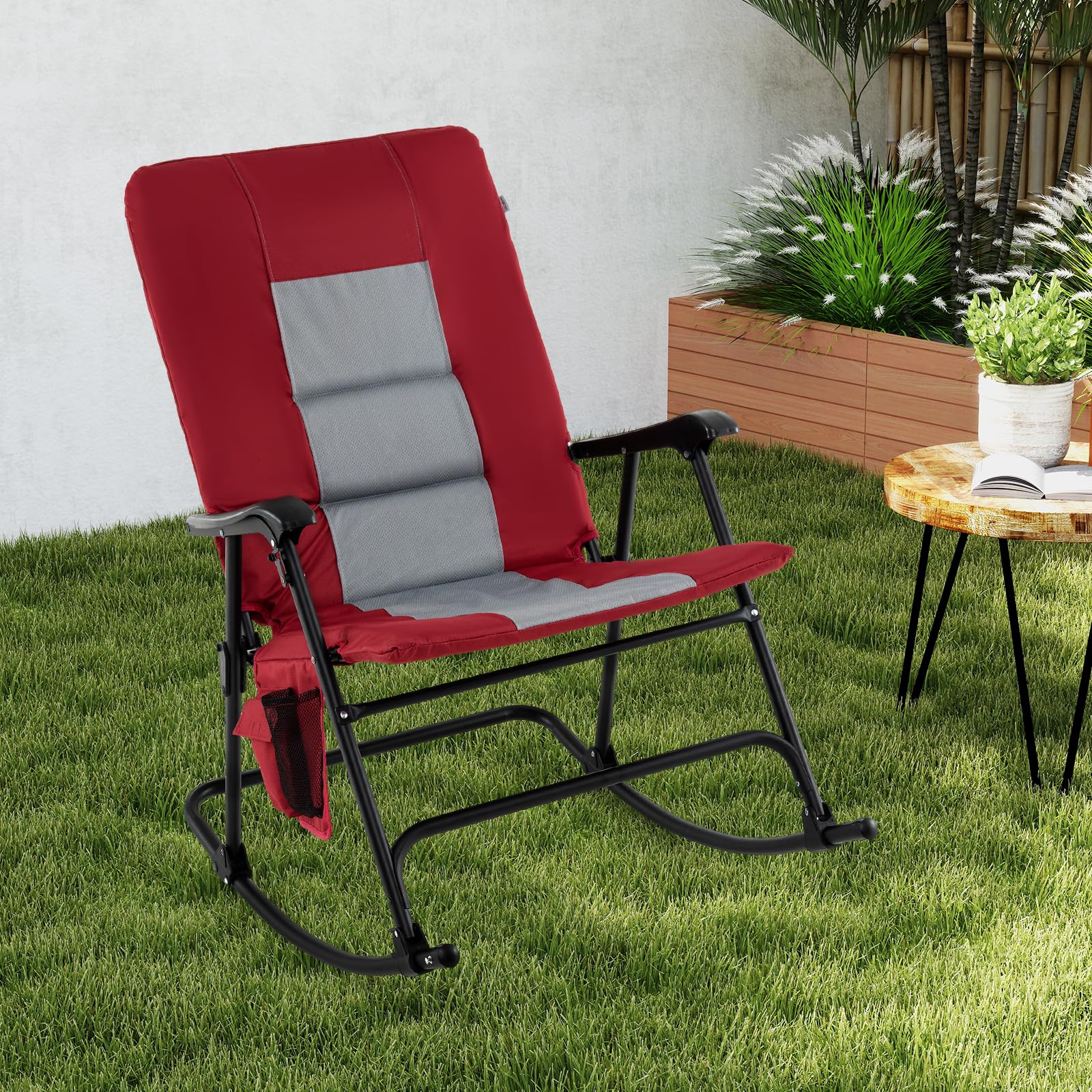Goplus Oversized Folding Rocking Chair, Padded Patio Lounge Rocker w/Metal Frame, Armrests, Side Pocket - Image 8