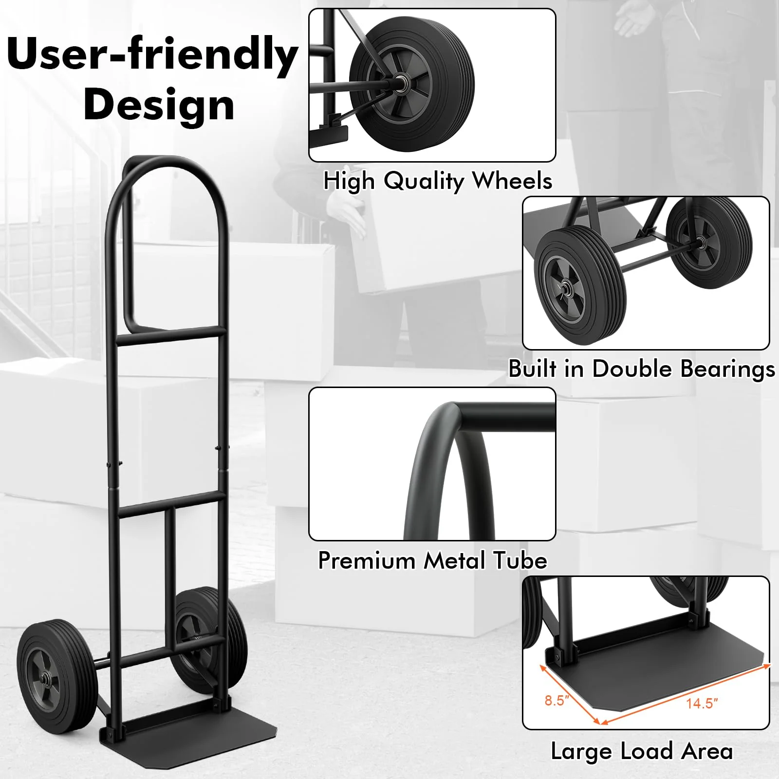 Goplus P-Handle Hand Truck, High Back Sack Barrow with 10" Wheels, Built-in Double Bearings and Foldable Load Plate - Image 4