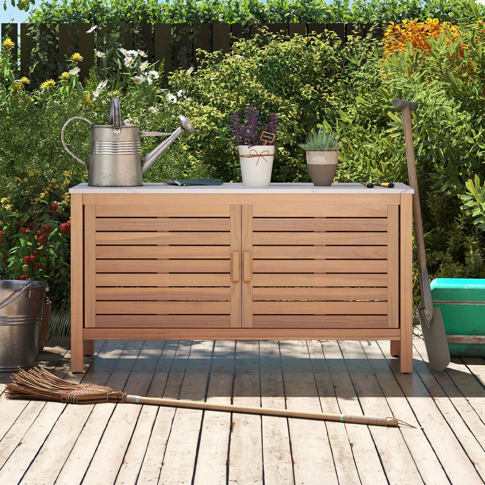 Goplus Patio 2-Door Acacia Wood Storage Container with Faux Marble Top - Image 2