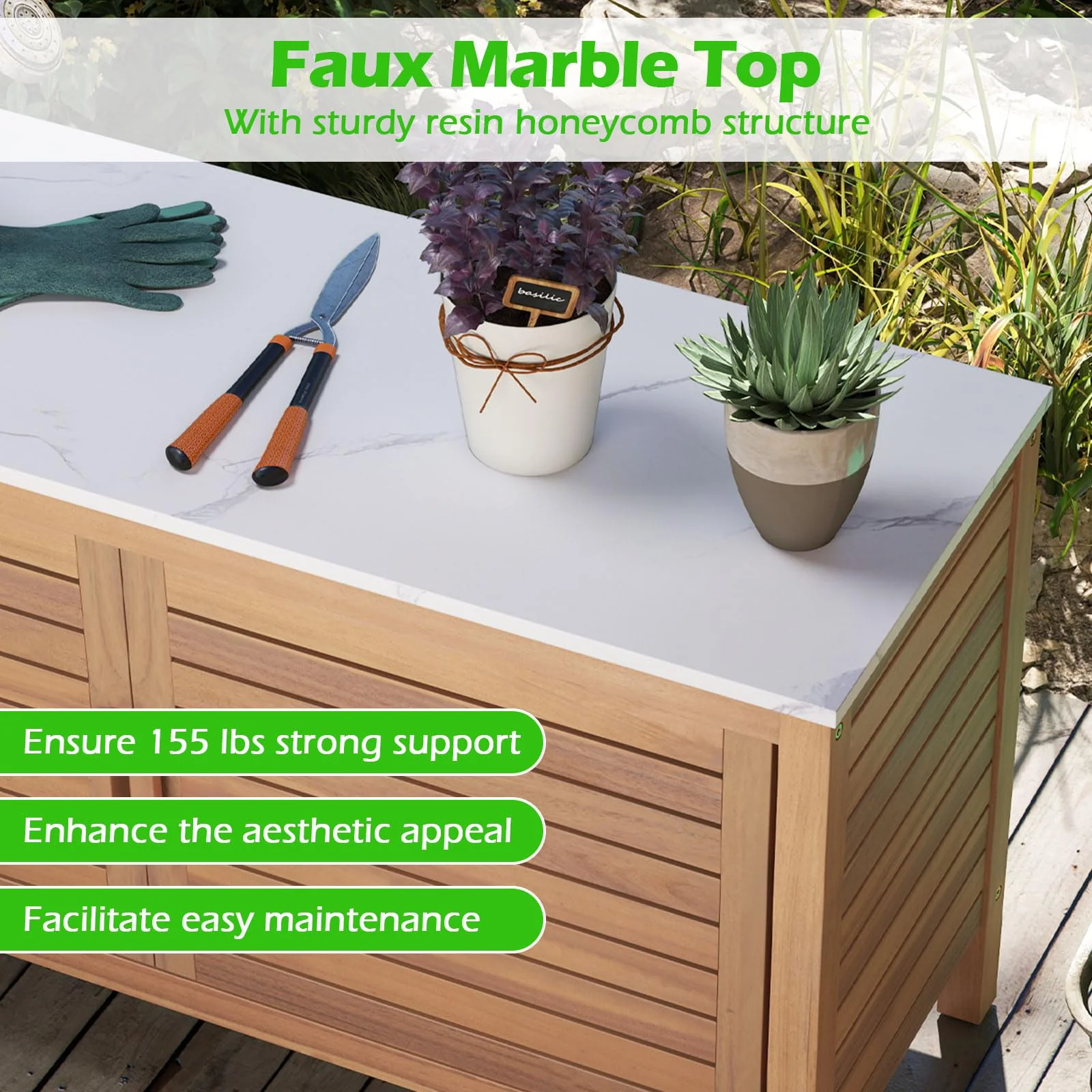 Goplus Patio 2-Door Acacia Wood Storage Container with Faux Marble Top - Image 3
