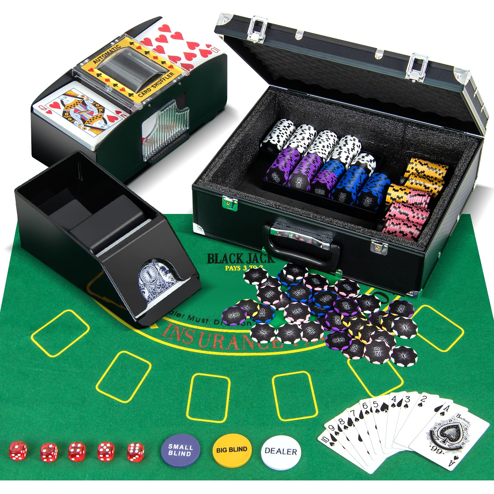 Goplus Poker Chip Set, 300 PCS 14 Gram Clay Poker Chips w/Case, Automatic Card Shuffler