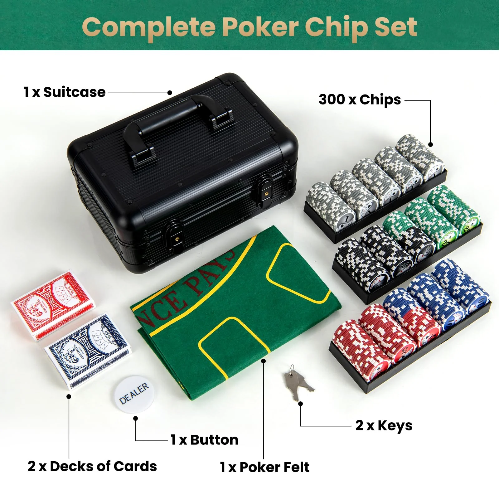 Goplus Poker Chip Set, Casino Poker Chips with 300 PCS Chips, 6 Decks Cards, Dealer Button - Image 6