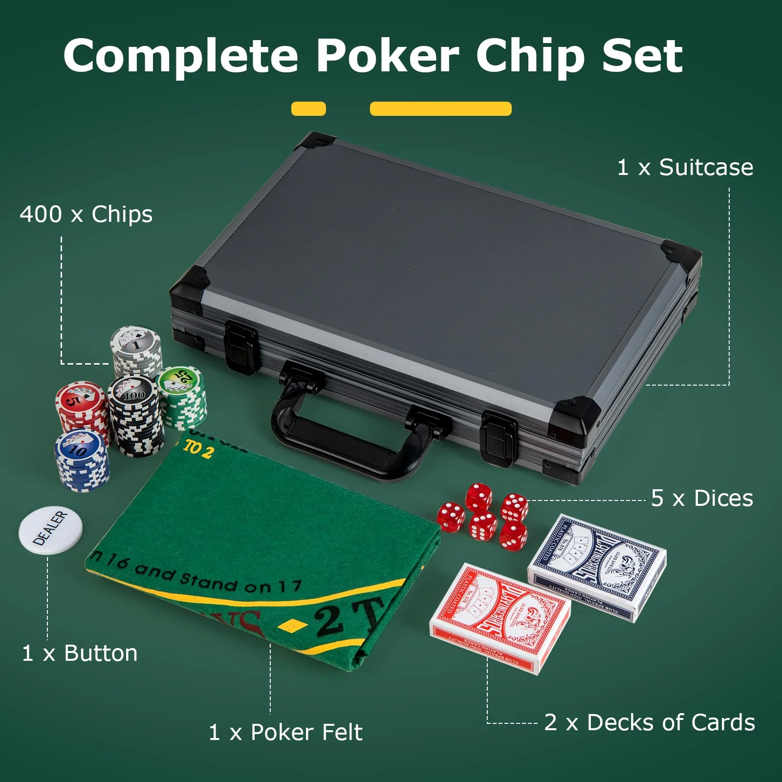 Goplus Poker Chip Set, Casino Poker Chips with 400 PCS Chips, 6 Decks Cards, Dealer Button - Image 2