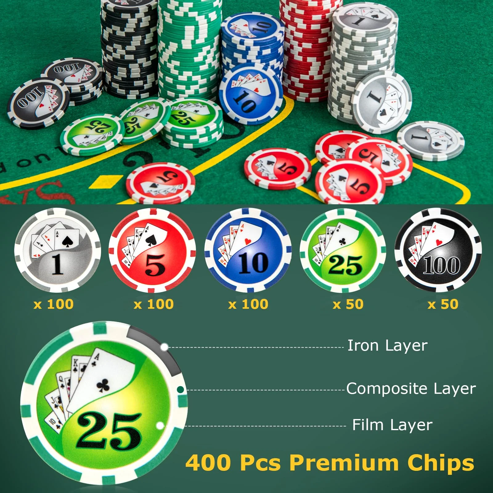 Goplus Poker Chip Set, Casino Poker Chips with 400 PCS Chips, 6 Decks Cards, Dealer Button - Image 3