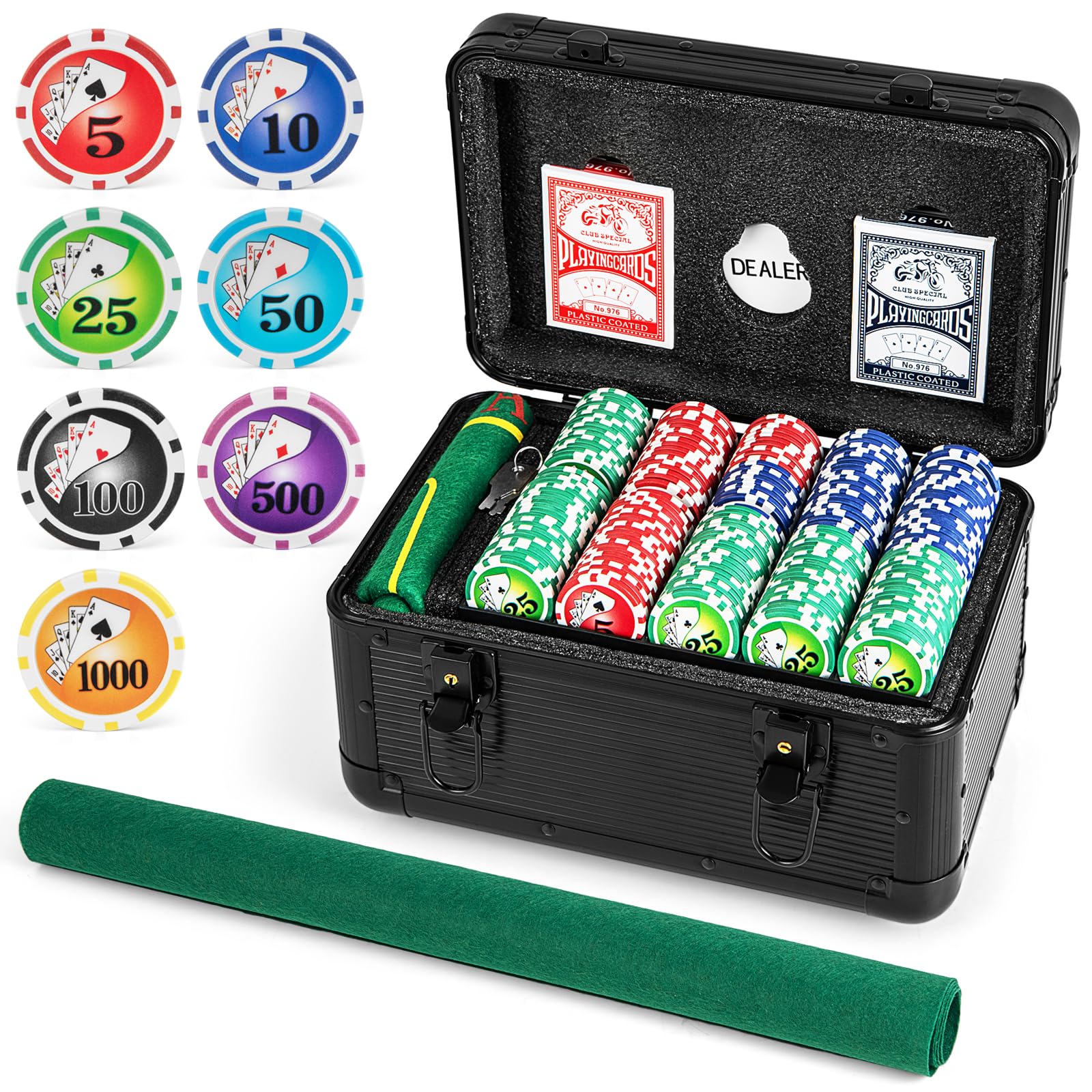 Goplus Poker Chip Set, Casino Poker Chips with 600 PCS Chips, 6 Decks Cards, Dealer Button - Image 9
