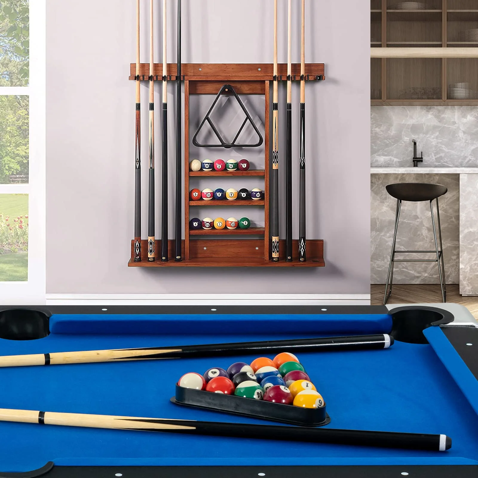 Goplus Pool Cue Rack, Wall Mounted Billiard Stick Holder, Made of Solid Pine Wood - Image 11