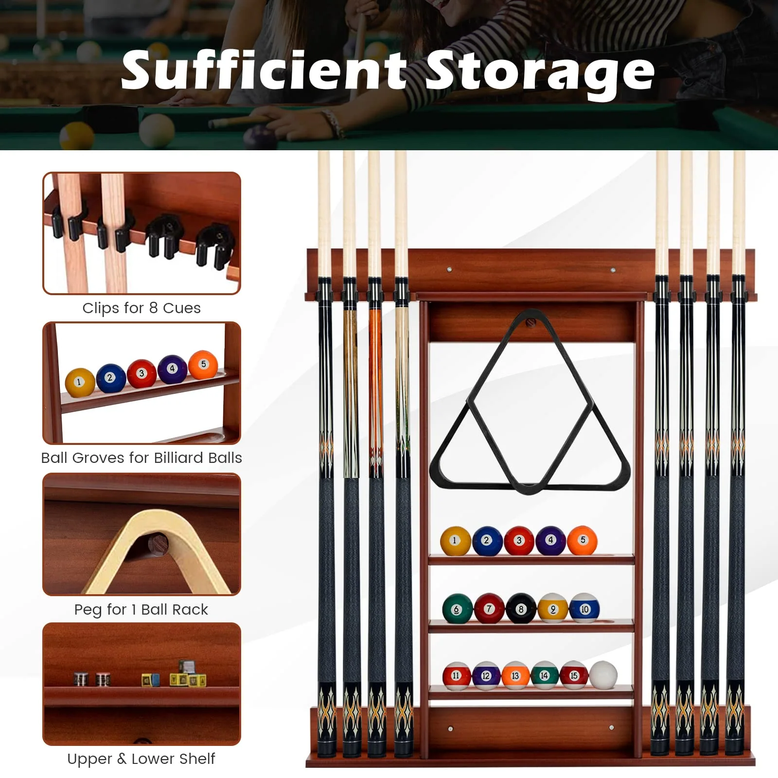 Goplus Pool Cue Rack, Wall Mounted Billiard Stick Holder, Made of Solid Pine Wood - Image 12
