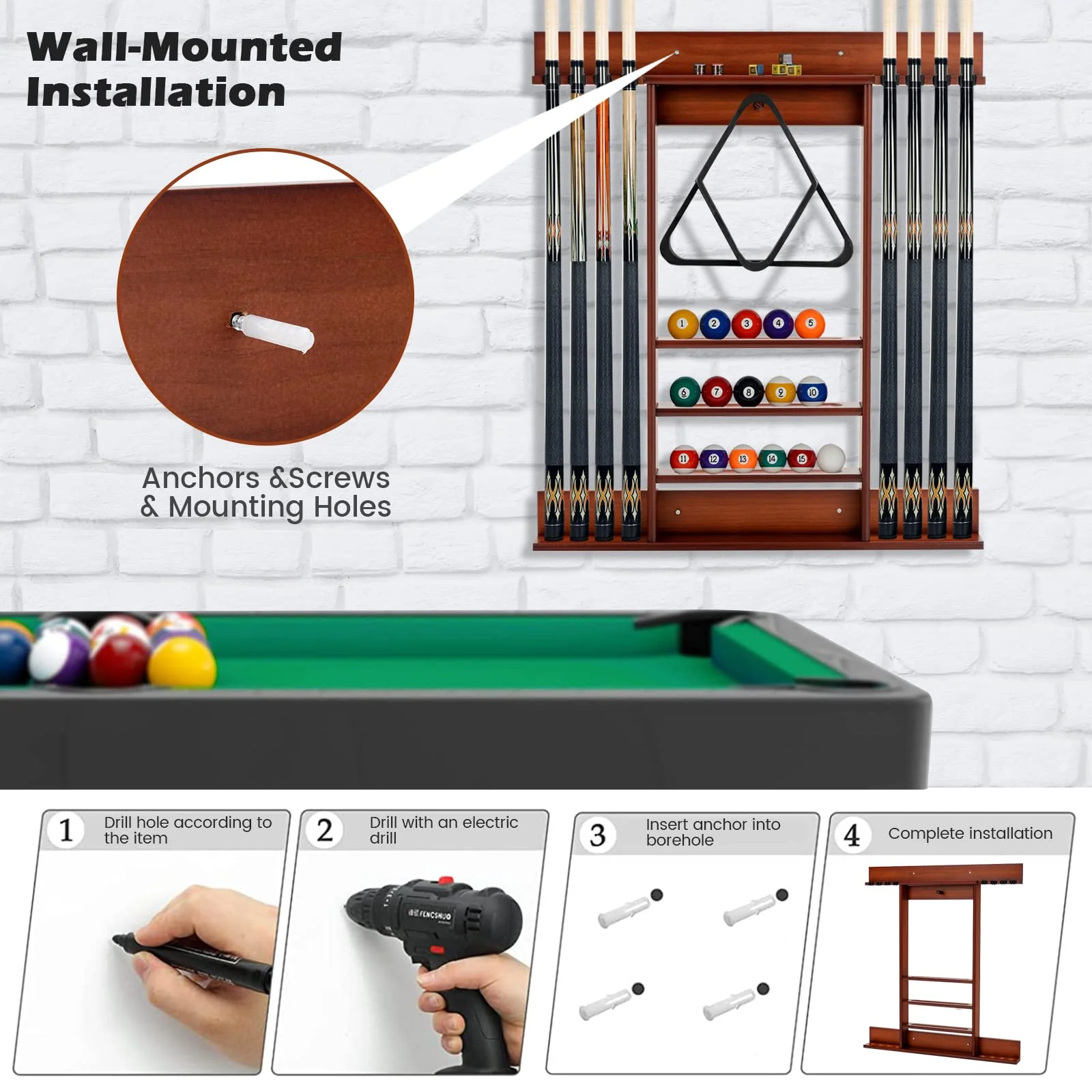 Goplus Pool Cue Rack, Wall Mounted Billiard Stick Holder, Made of Solid Pine Wood - Image 13