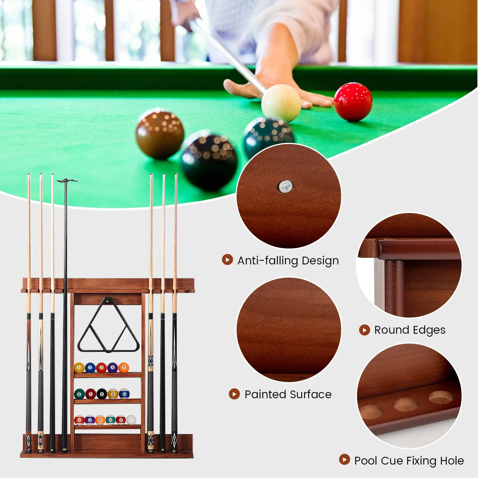 Goplus Pool Cue Rack, Wall Mounted Billiard Stick Holder, Made of Solid Pine Wood - Image 14