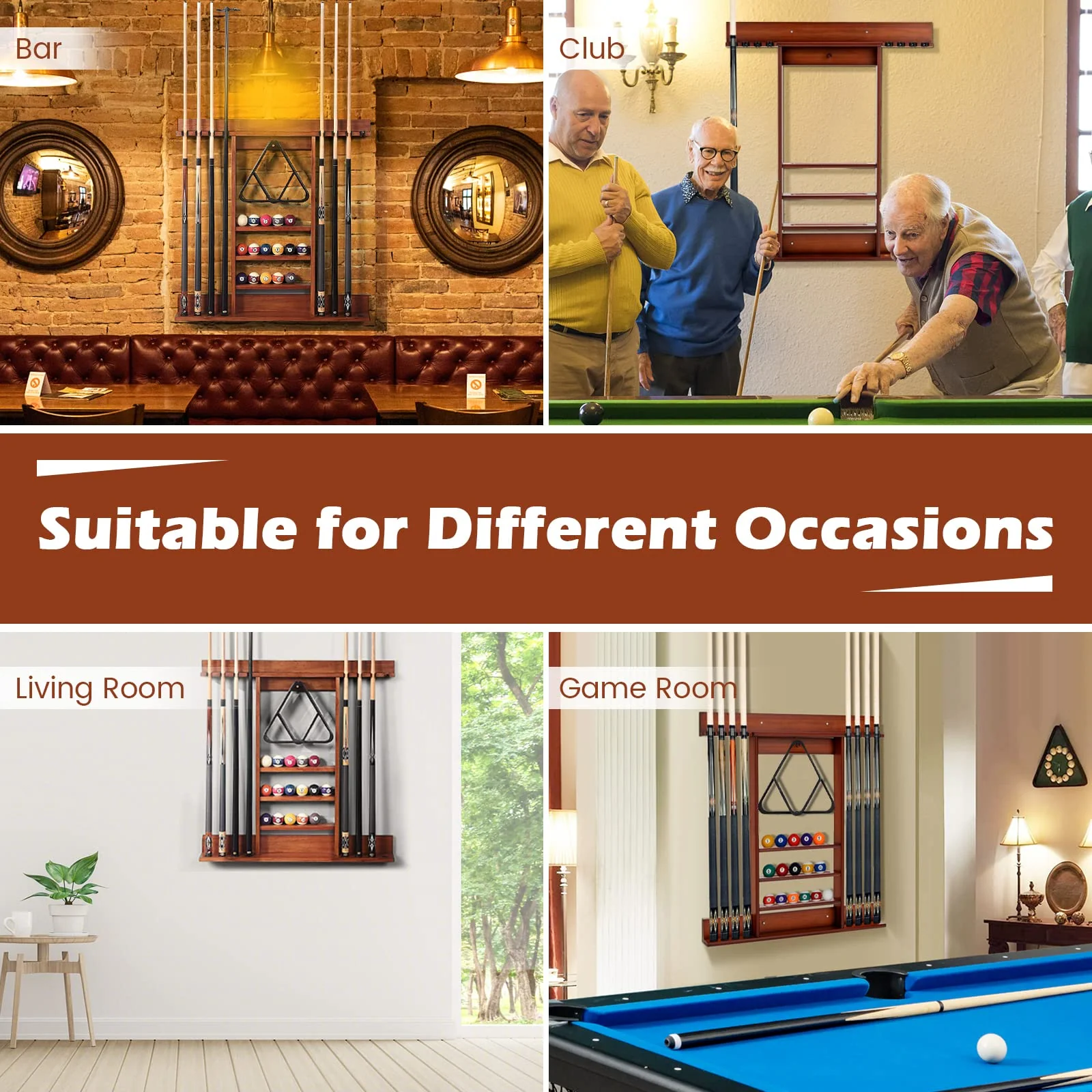 Goplus Pool Cue Rack, Wall Mounted Billiard Stick Holder, Made of Solid Pine Wood - Image 16