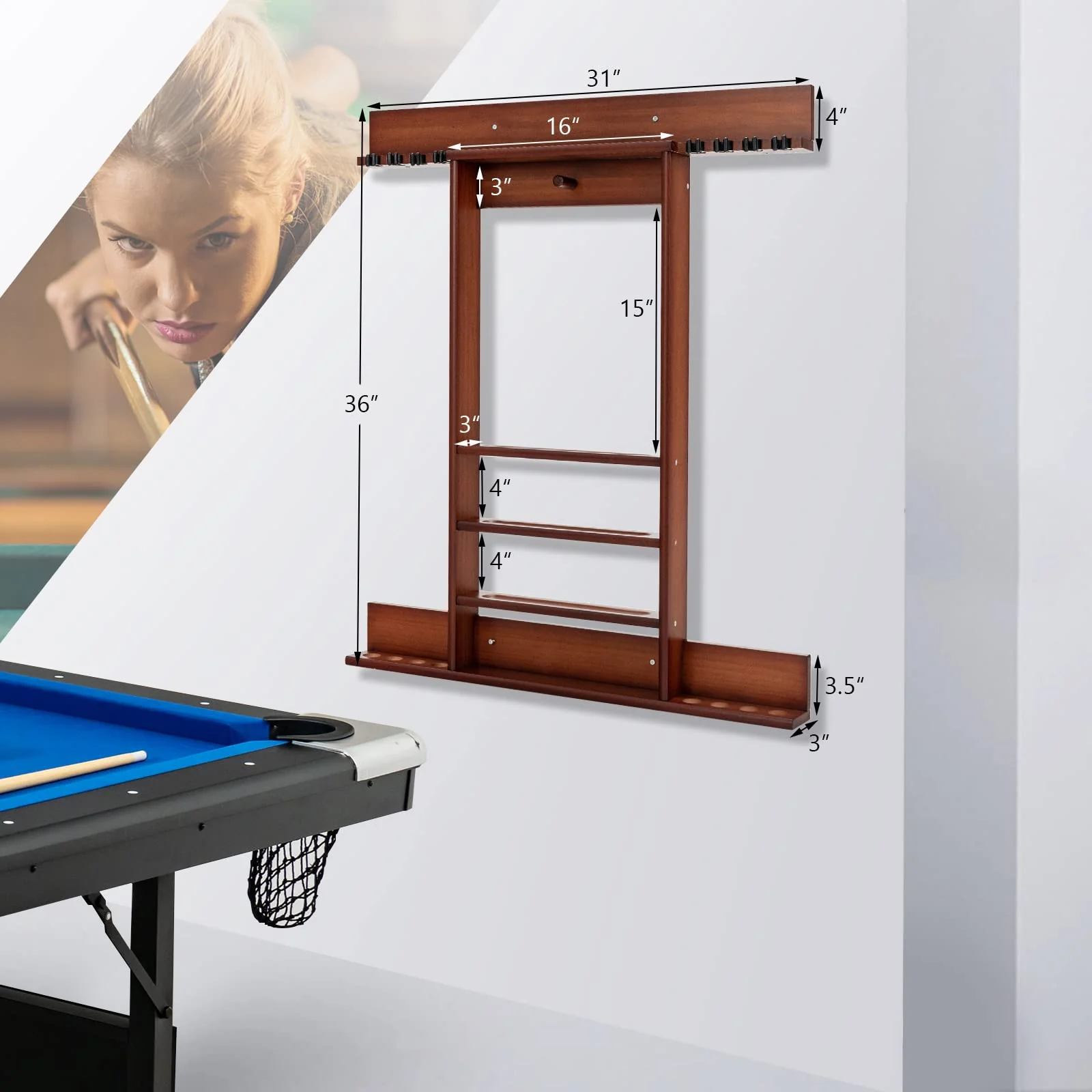 Goplus Pool Cue Rack, Wall Mounted Billiard Stick Holder, Made of Solid Pine Wood - Image 17