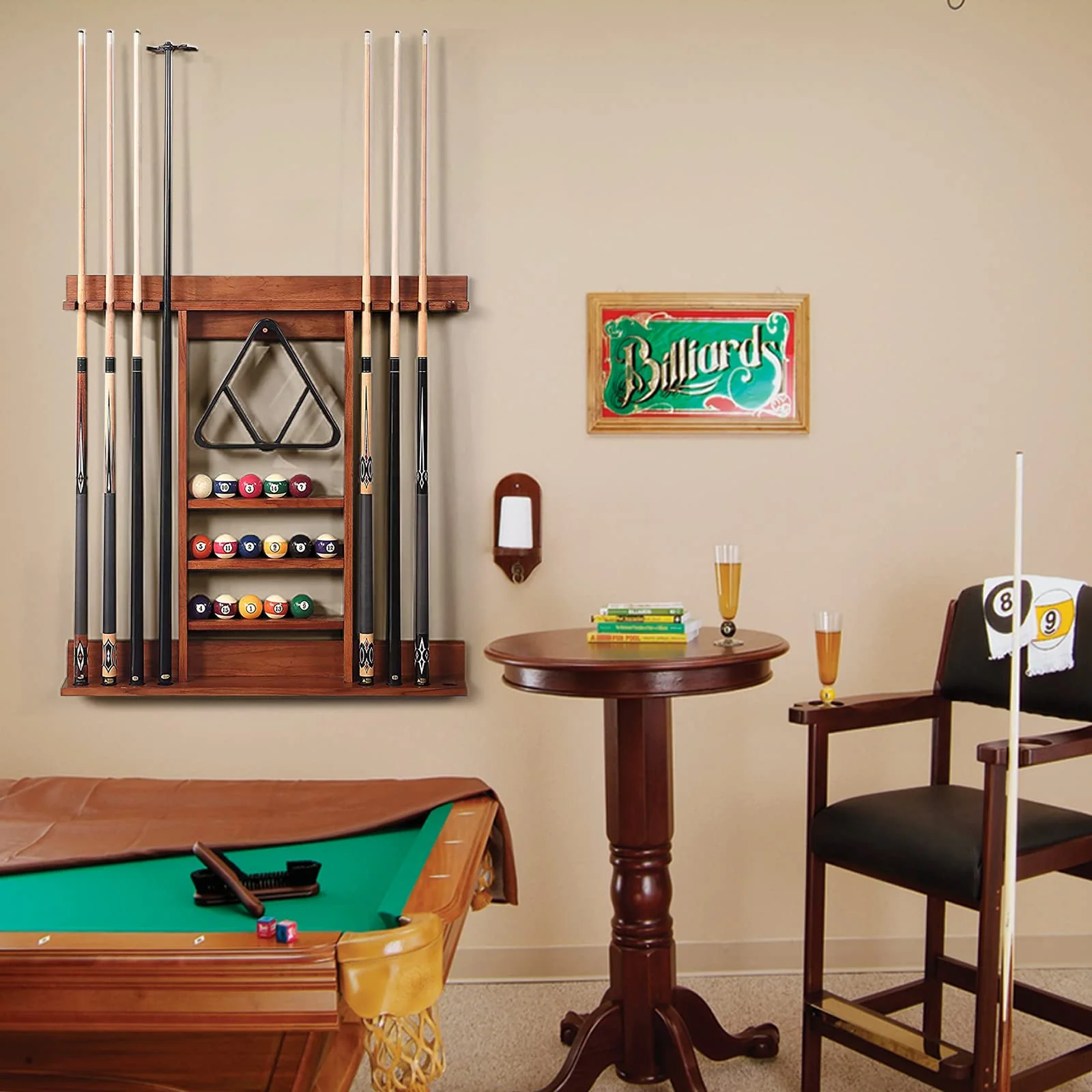 Goplus Pool Cue Rack, Wall Mounted Billiard Stick Holder, Made of Solid Pine Wood - Image 18
