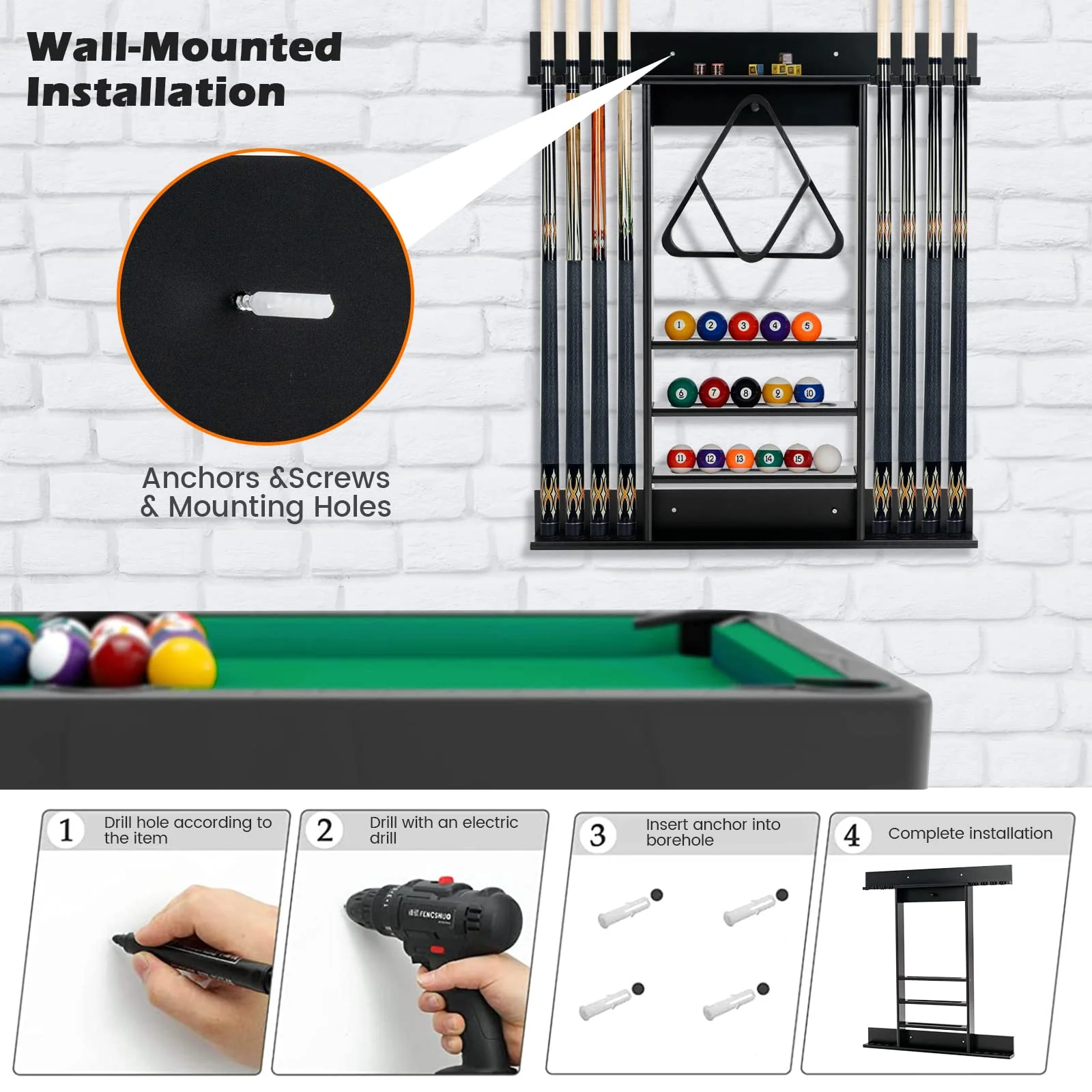 Goplus Pool Cue Rack, Wall Mounted Billiard Stick Holder, Made of Solid Pine Wood - Image 3
