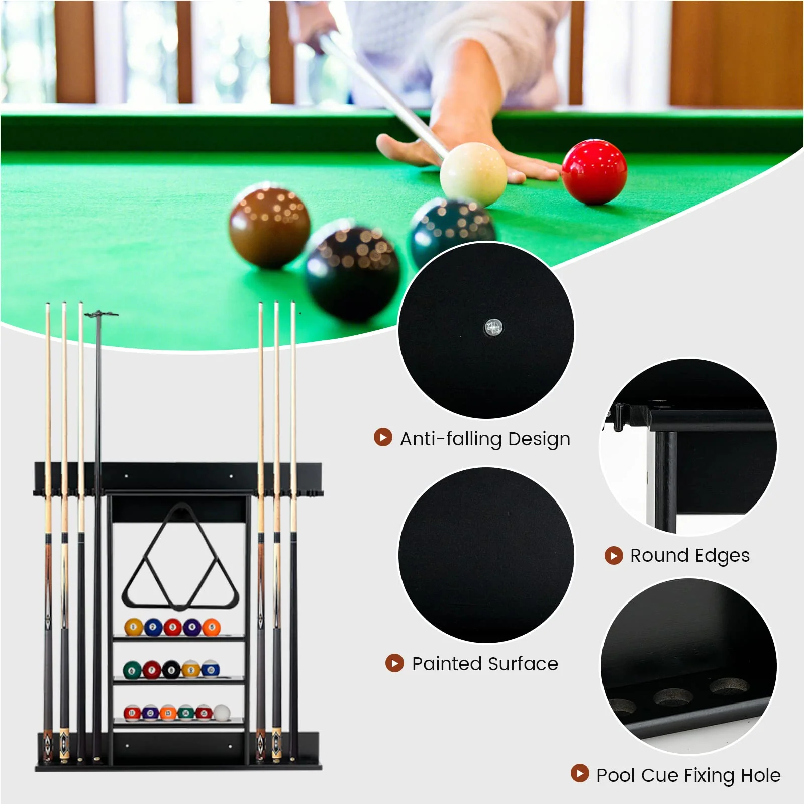 Goplus Pool Cue Rack, Wall Mounted Billiard Stick Holder, Made of Solid Pine Wood - Image 4