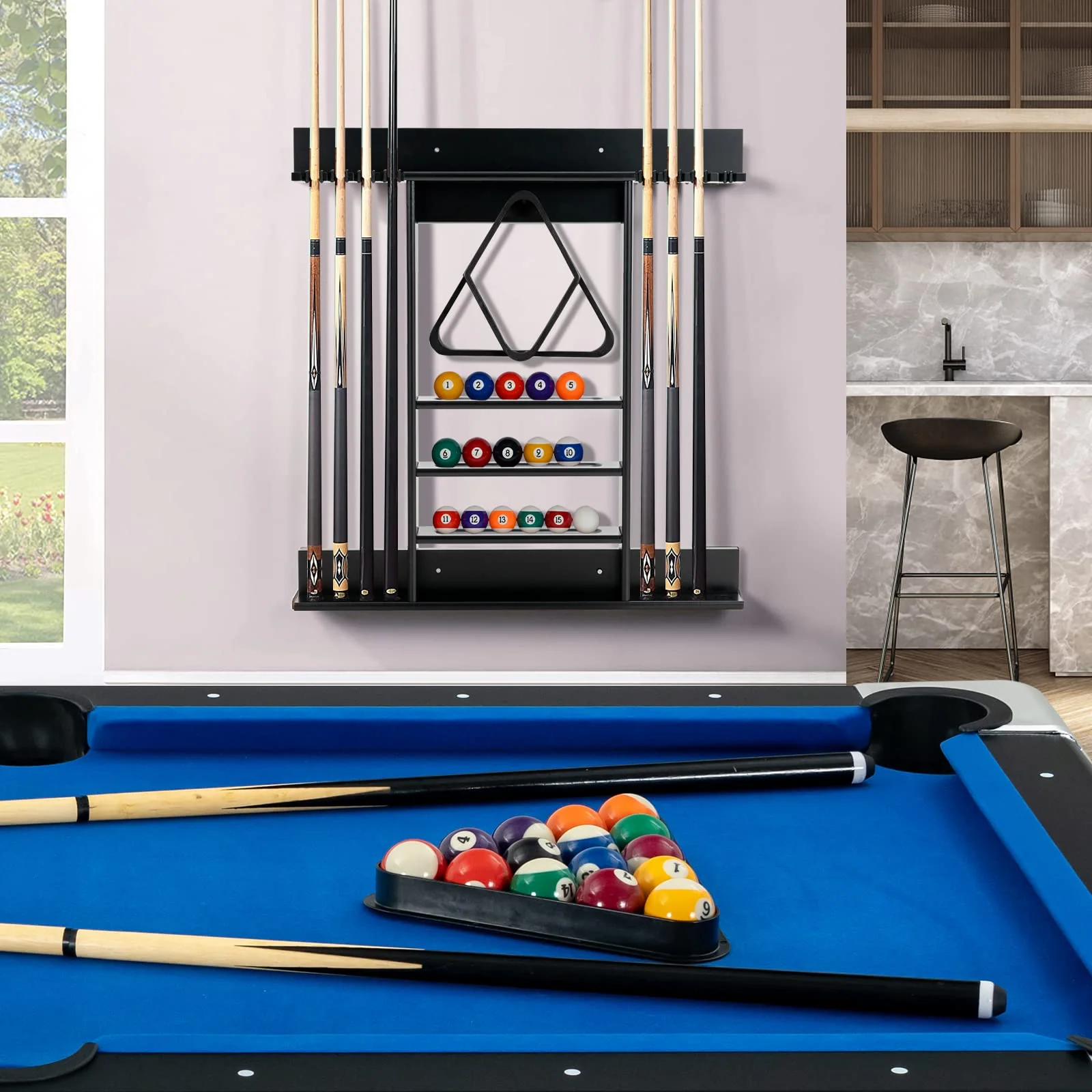 Goplus Pool Cue Rack, Wall Mounted Billiard Stick Holder, Made of Solid Pine Wood - Image 8