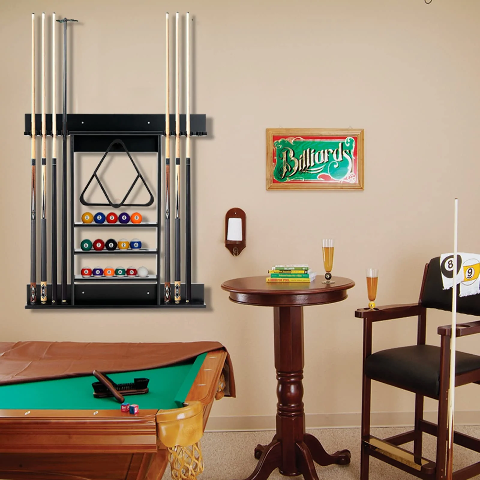 Goplus Pool Cue Rack, Wall Mounted Billiard Stick Holder, Made of Solid Pine Wood - Image 9